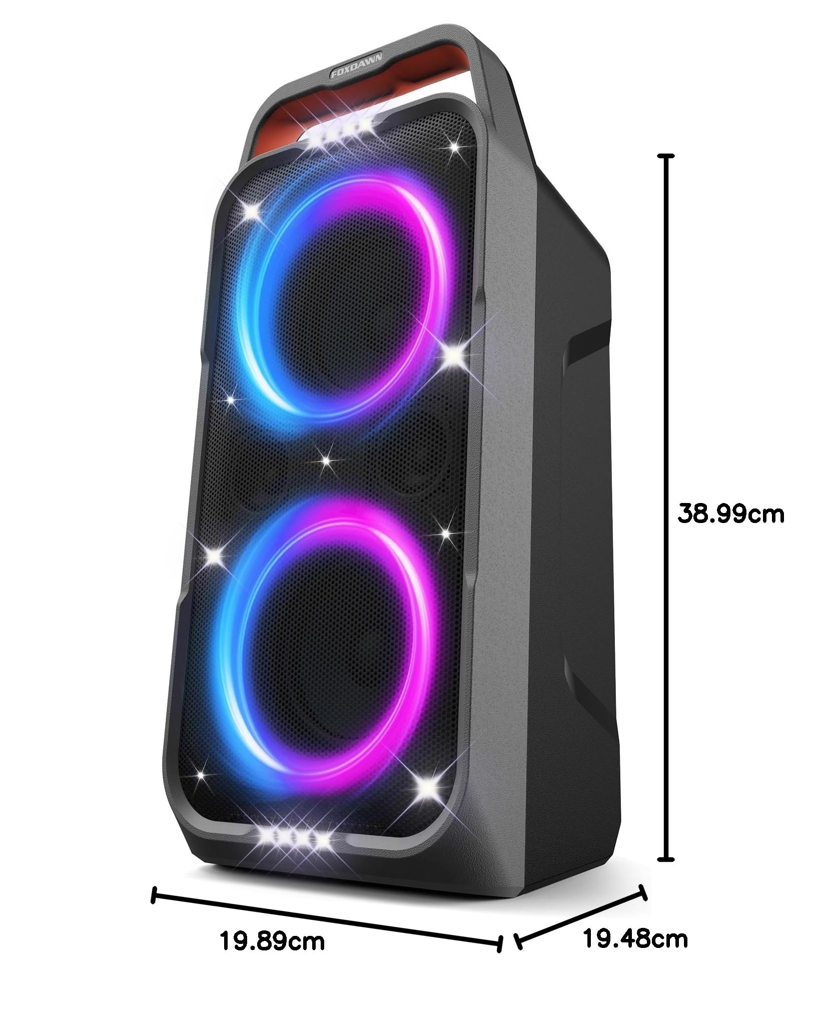 Foxdawn 240W Party Bluetooth Lautsprecher, lautem Stereosound, Musikbox Bluetooth Groß Partybox, Natür Super Bass,20H Akku, LED-Lichtshow, BT5.3, Speaker TF/AUX/MIC>R für Party, Backyard (Black)