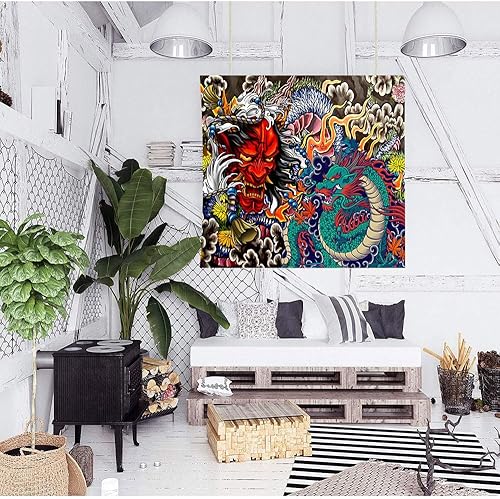 Miniatura 2 de Aidatain Tapiz de dragón japonés Oni para colgar en la pared, tapiz estético de anime para hombres, dormitorio, sala de estar, tela de franela, 60