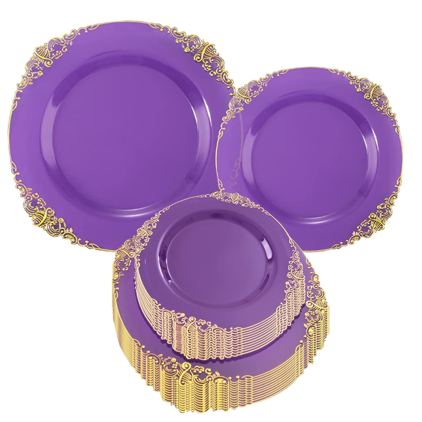 Beauenty 24PCS Plastic Plates Sets, Disposable Party Plates, Tableware for Party Wedding (Purple)