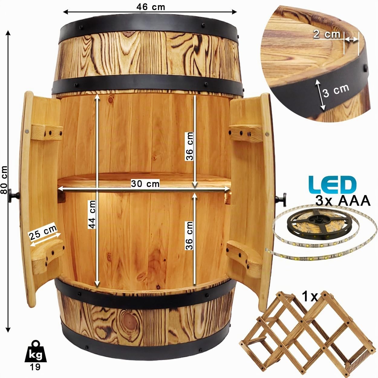 weeco Tonneau Bar en Bois avec Porte, Casier à Vin, LED – Meuble Bar Rustique en Fût avec Étagères – Armoire à Alcool, Bar à Bouteille – 82x52cm, Chêne Brûlé