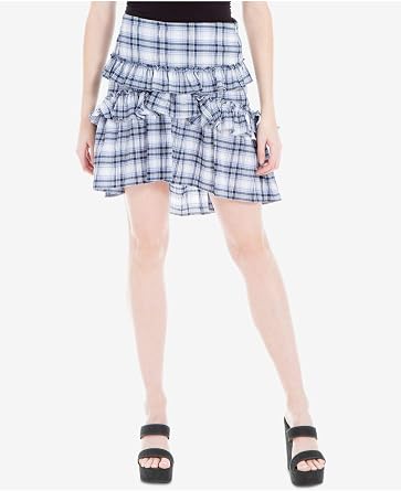 Womens Ruffled Plaid A-Line Asymmetrical Skirt, White, 0