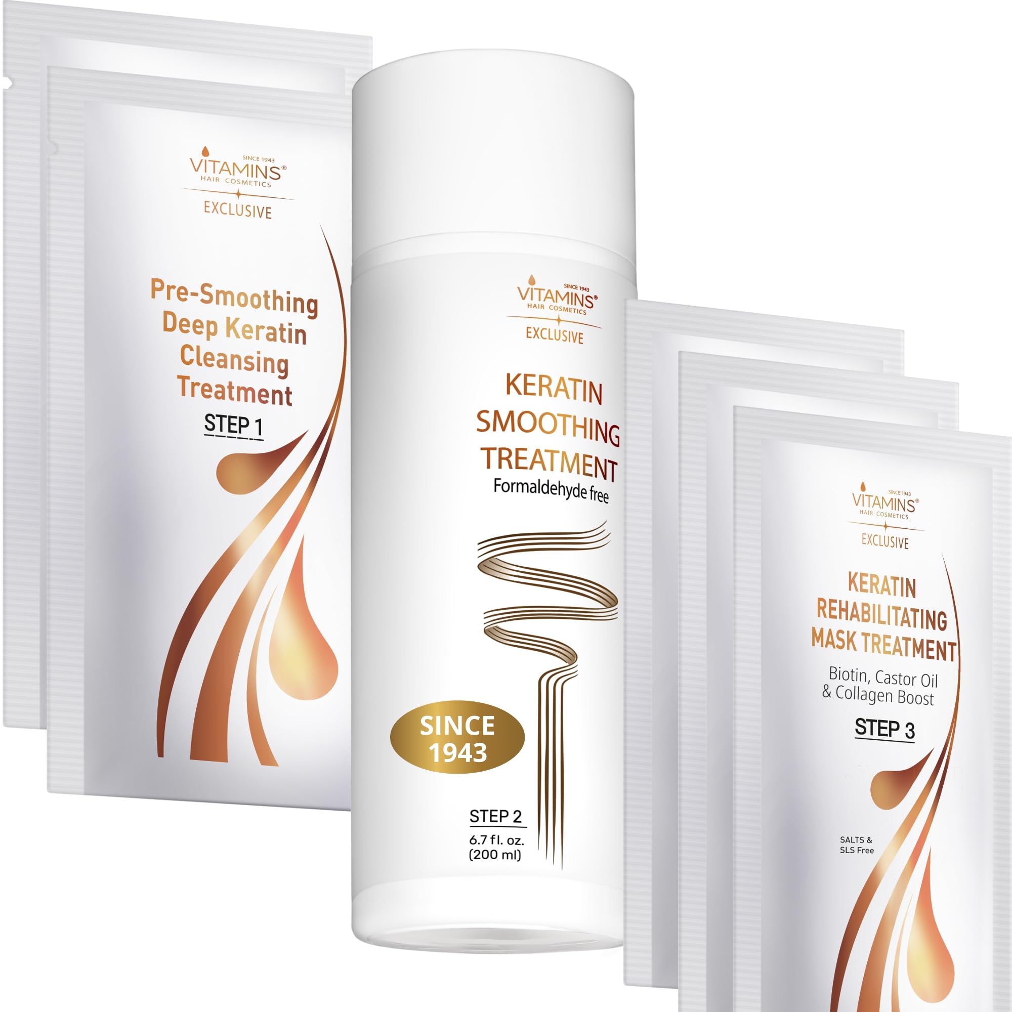 VITAMINS hair cosmetics Keratin Hair Treatment Straightening Kit - Hair Straightener Smoothing Set - Formaldehyde Free Product Complex - Tratamiento de Keratina para Alisar el Cabello sin Formol