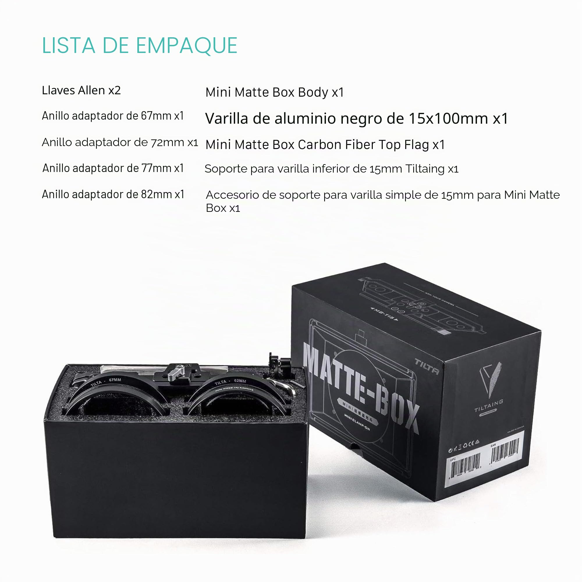 Tilta Mini Matte Box Caja Mate 4x5.65 Marco de Filtro para cámaras DSLR sin Espejo, con Anillo Adaptador de Lente de 67 mm/72 mm/77 mm/82 mm Soporte de Varilla de 15 mm Ligero MB-T15