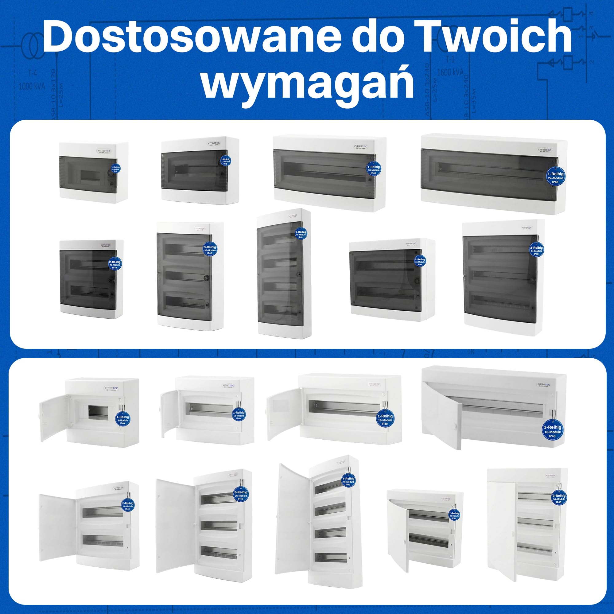 Intratec Rozdzielnica Natynkowa 4-rzędowa – IP40 Obudowa na 48 Modułów z Przezroczstymi Drzwiami do Łatwego Montażu w Domu i Obiektach Użytkowych – 652 x 287 x 112 mm