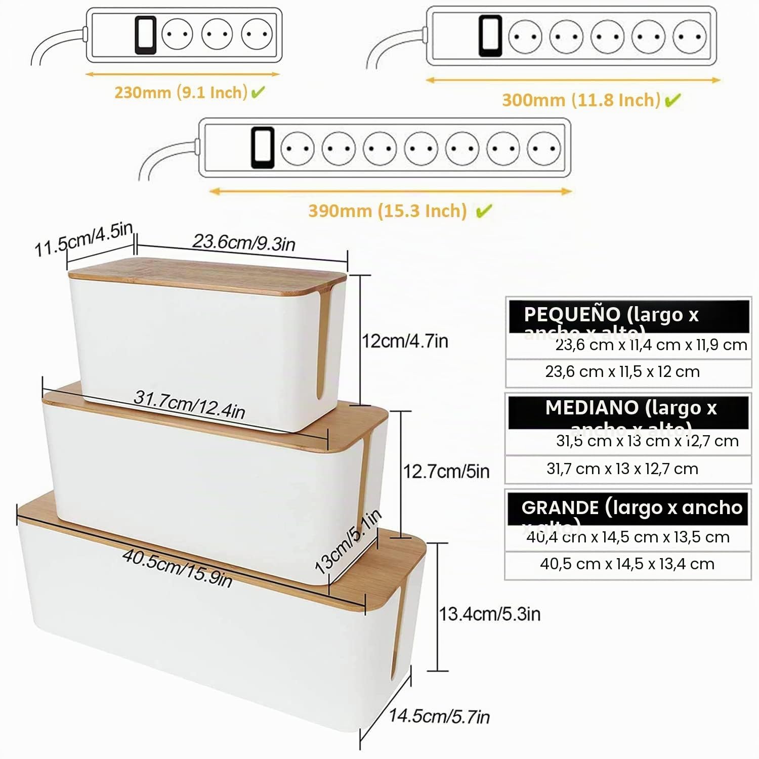 ASelected 3 Piezas Caja Organizadora Cables Tapa Madera Tapa Bambú Blanco | Organizador de Cables para Escritorio, Salón y Dormitorio, Caja para Esconder y Ocultar la Regleta con Bridas