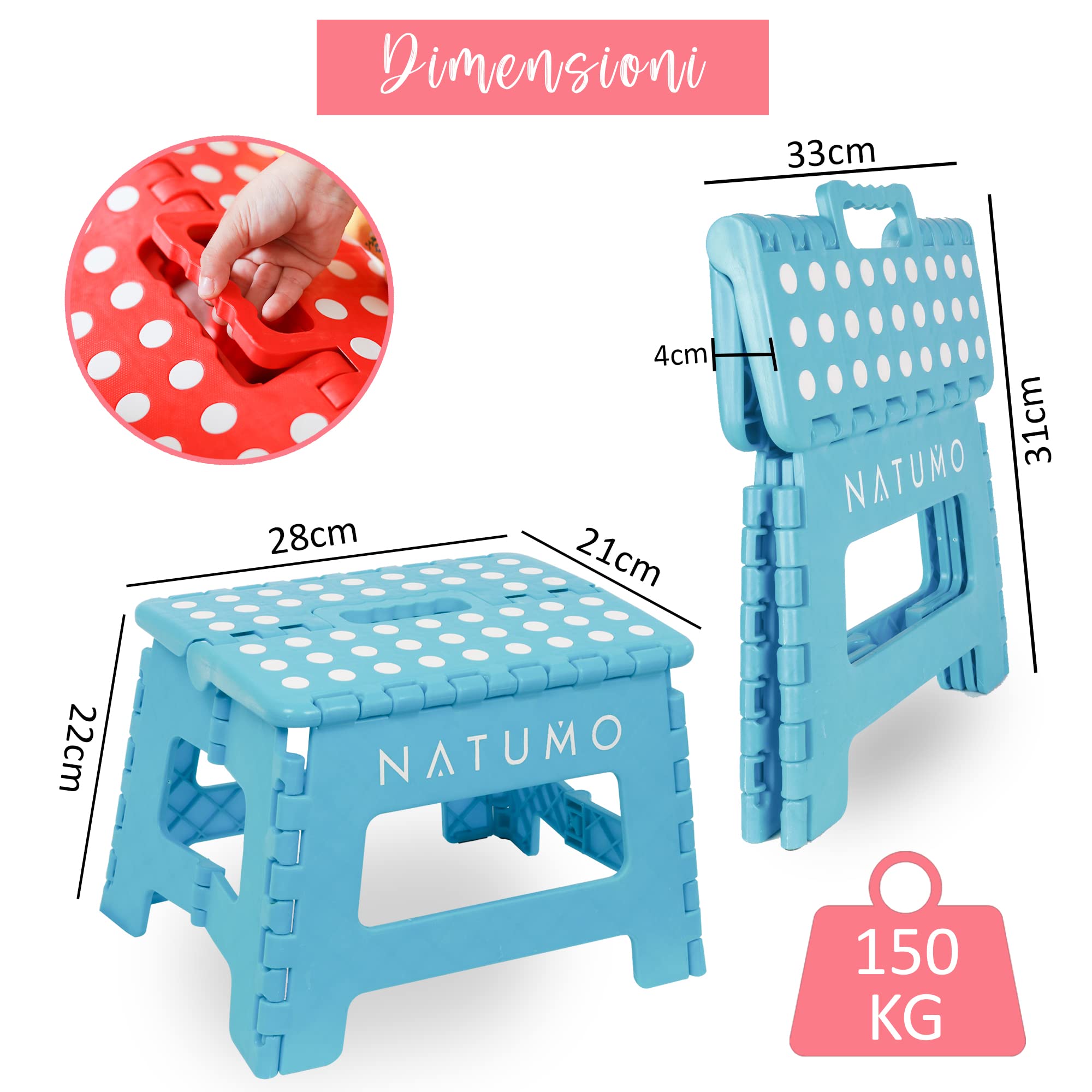 NATUMO® - Sgabello pieghevole di alta qualità, portata 150 kg, per cucina, bagno, giardino, per bambini e adulti