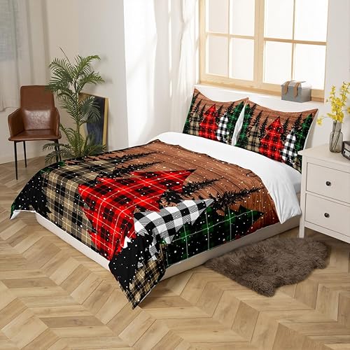 Miniatura 9 de Juego de funda de edredón de Navidad para niños, tamaño King, juego de ropa de cama de copos de nieve de pino con cuadrícula geométrica, decoración