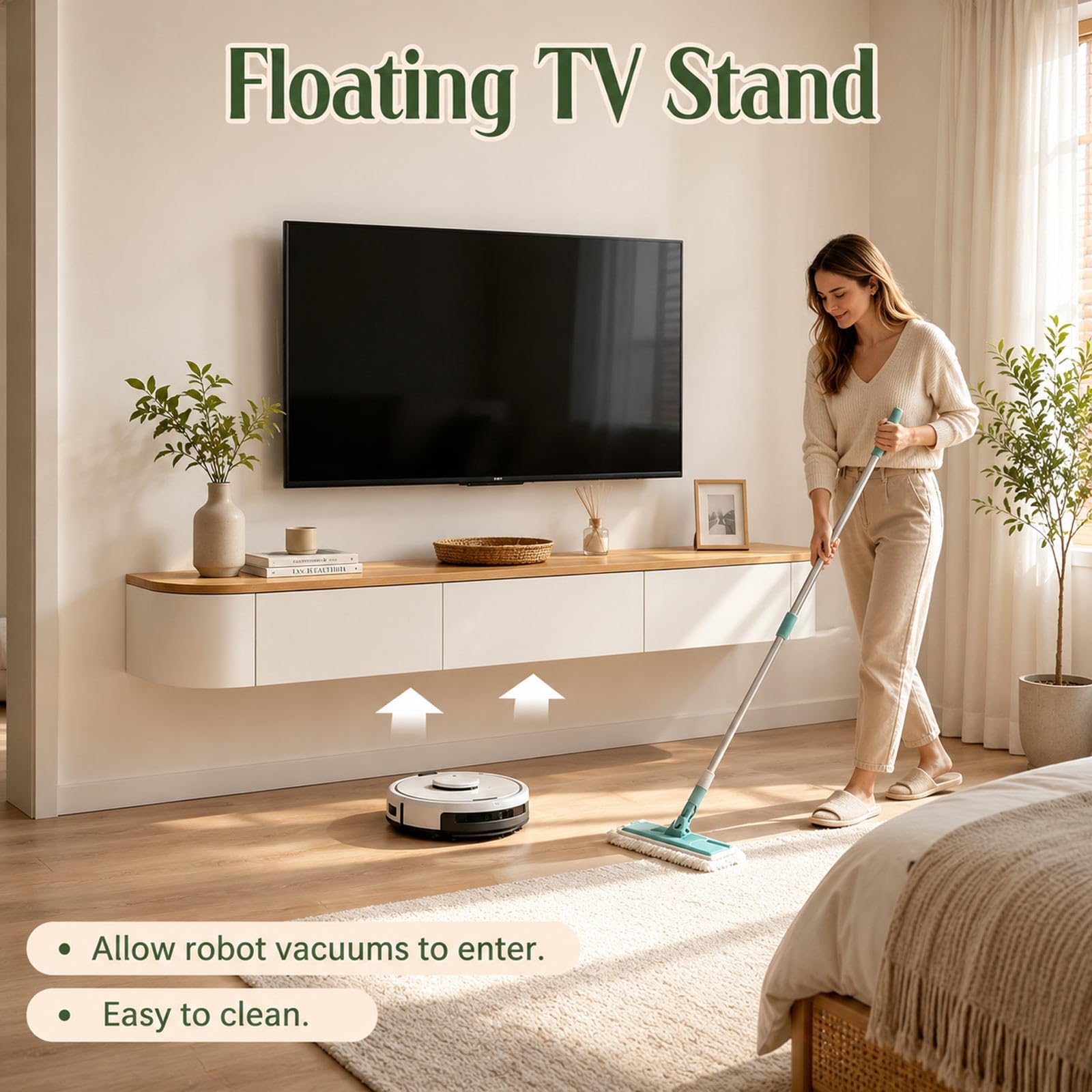 Meuble TV flottant moderne avec lumières LED – Meuble mural en bois massif avec tiroirs et gestion des câbles Finition blanche élégante 200 cm pour salon et chambre à coucher