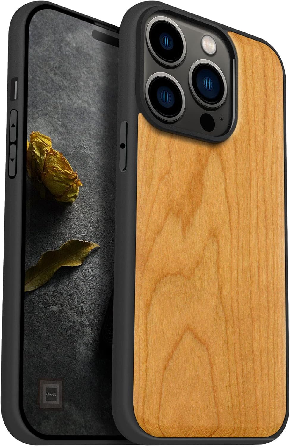 Carveit Magnetic Wood Case for iPhone 14 Pro Case [Natural Wood & Black Soft TPU] Unique & Classy Wooden Shockproof Protective Cover Compatible with magsafe (Blackwood)