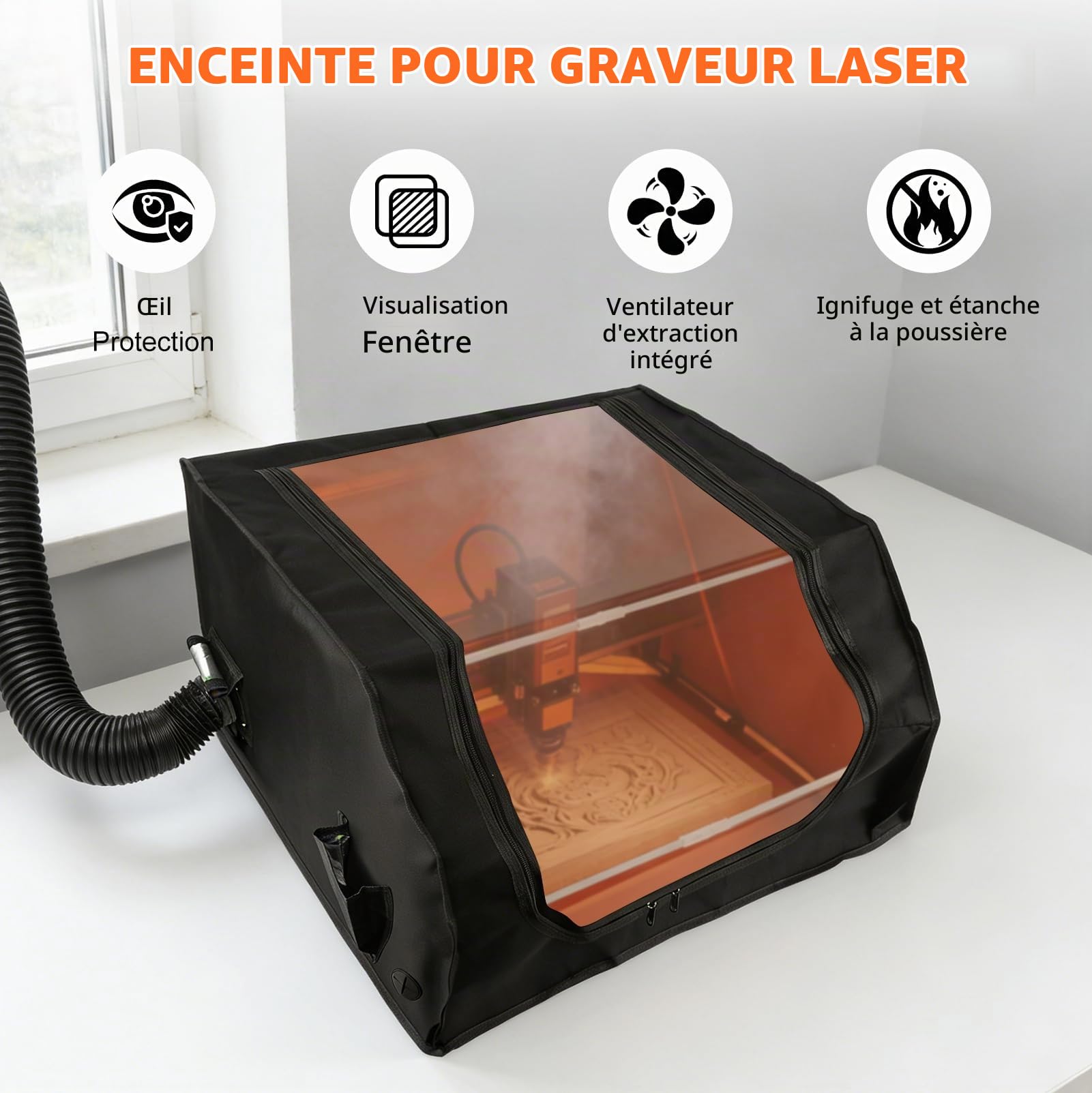 Boîtier de Graveur Laser avec Ventilateur D'extraction et Conduit | D'éVacuation Compatible avec la Plupart des Graveurs Laser Lsole Fumées et Odeurs Protection Oculaire - 720x700x400mm