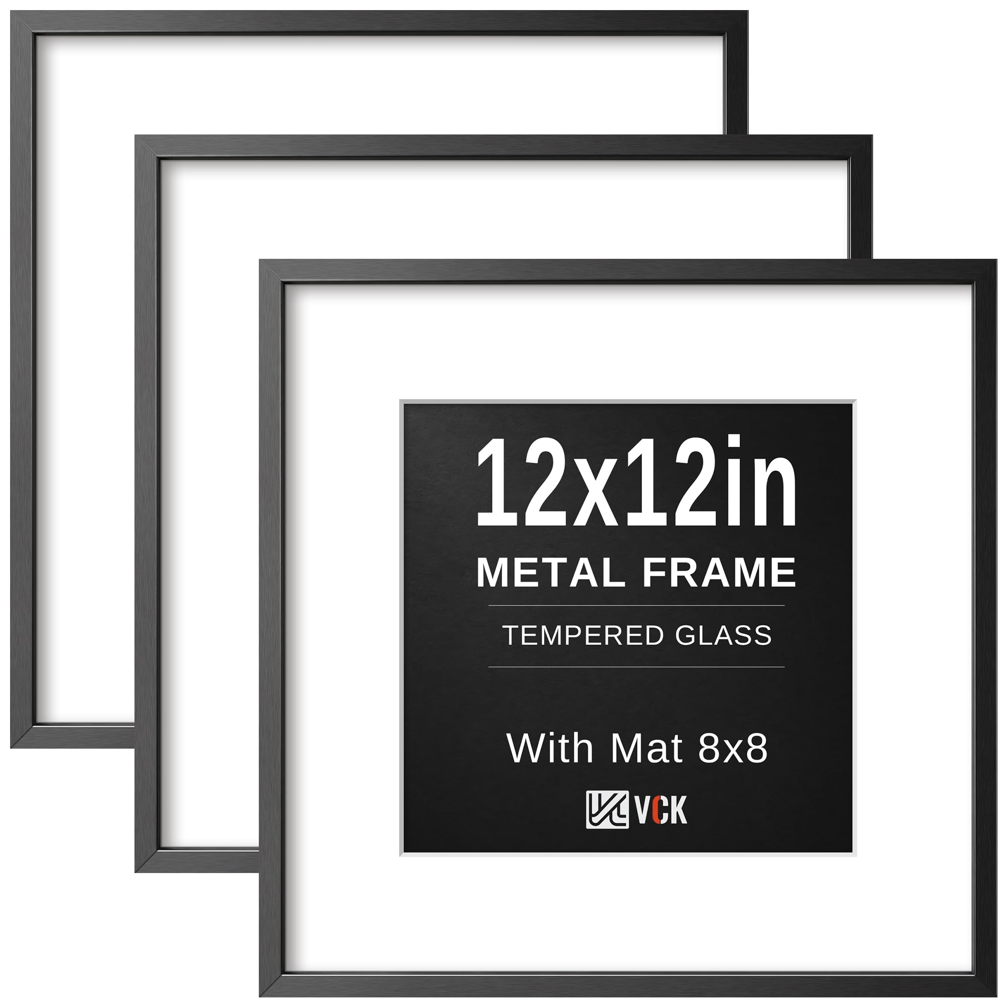 VCK 12x12 Frame Black Metal, Real Glass, 8x8 Mat, 3 Pack, for Picture Print