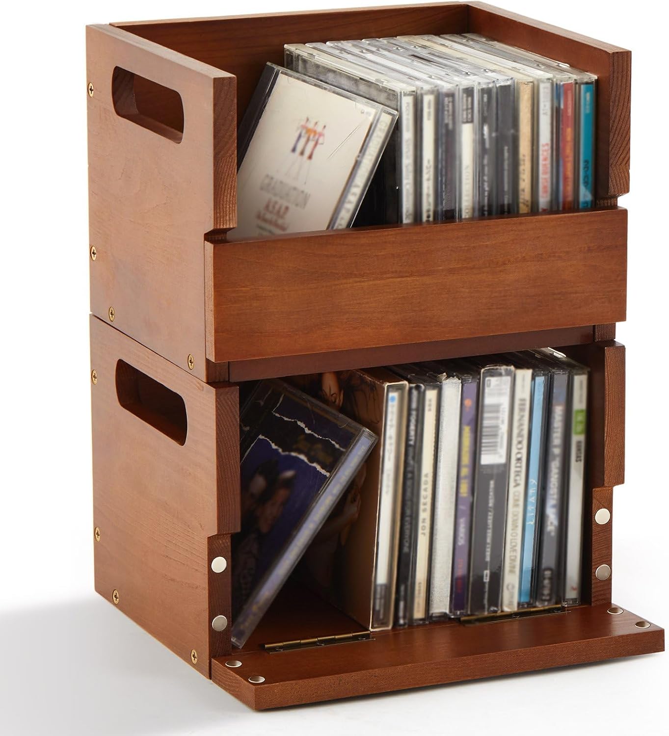 2 Pack Small Wooden CD Storage Box, Desktop CD Organizer for Small Spaces, Holds up to 36 Cases Total, Compact Media Storage Shelf with Carrying Handle