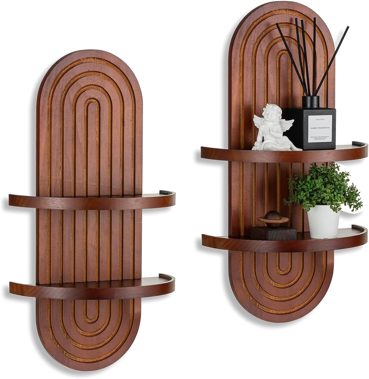 Mid Century Wall Shelves with Ledge: 22inch Large 2-Tier Walnut Boho Floating Shelves Arched Modern Wall Decor for Bathroom Bedroom Living Room Entryway