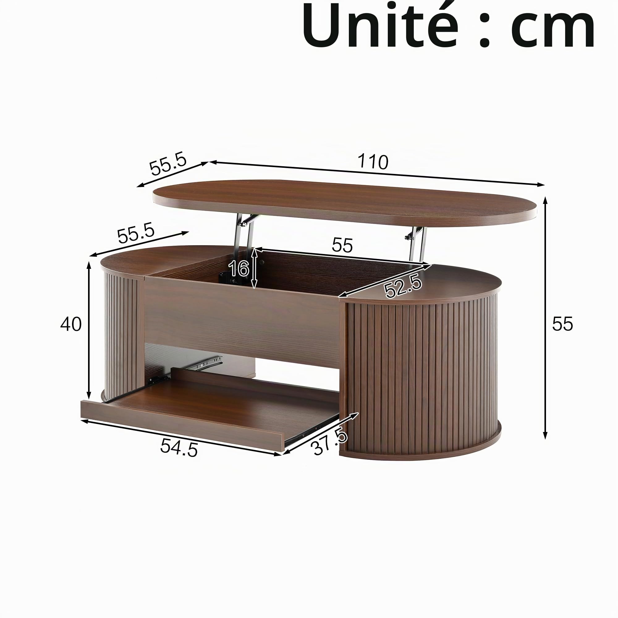 Merax Table basse élévable 110x55,5x40 cm, hauteur réglable avec côtés en bois incurvés, étagère extensible, meuble de salon multifonctionnel, espace de rangement pour collations, livres, électronique