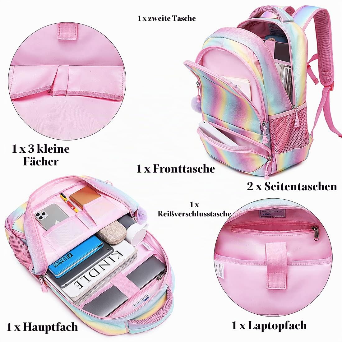 Mädchen Schulrucksack Regenbogen Rucksack Glitzer Teenager Schultaschen Set Bunte Schulrucksäcke Tagesrucksack für Reise Arbeit Hochschule