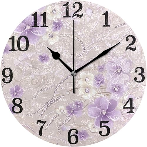 Reloj de cocina redondo de 10 pulgadas para pared, color melocotón y blanco, vintage, flores de perlas, decoración para casa de campo, cocina, reloj