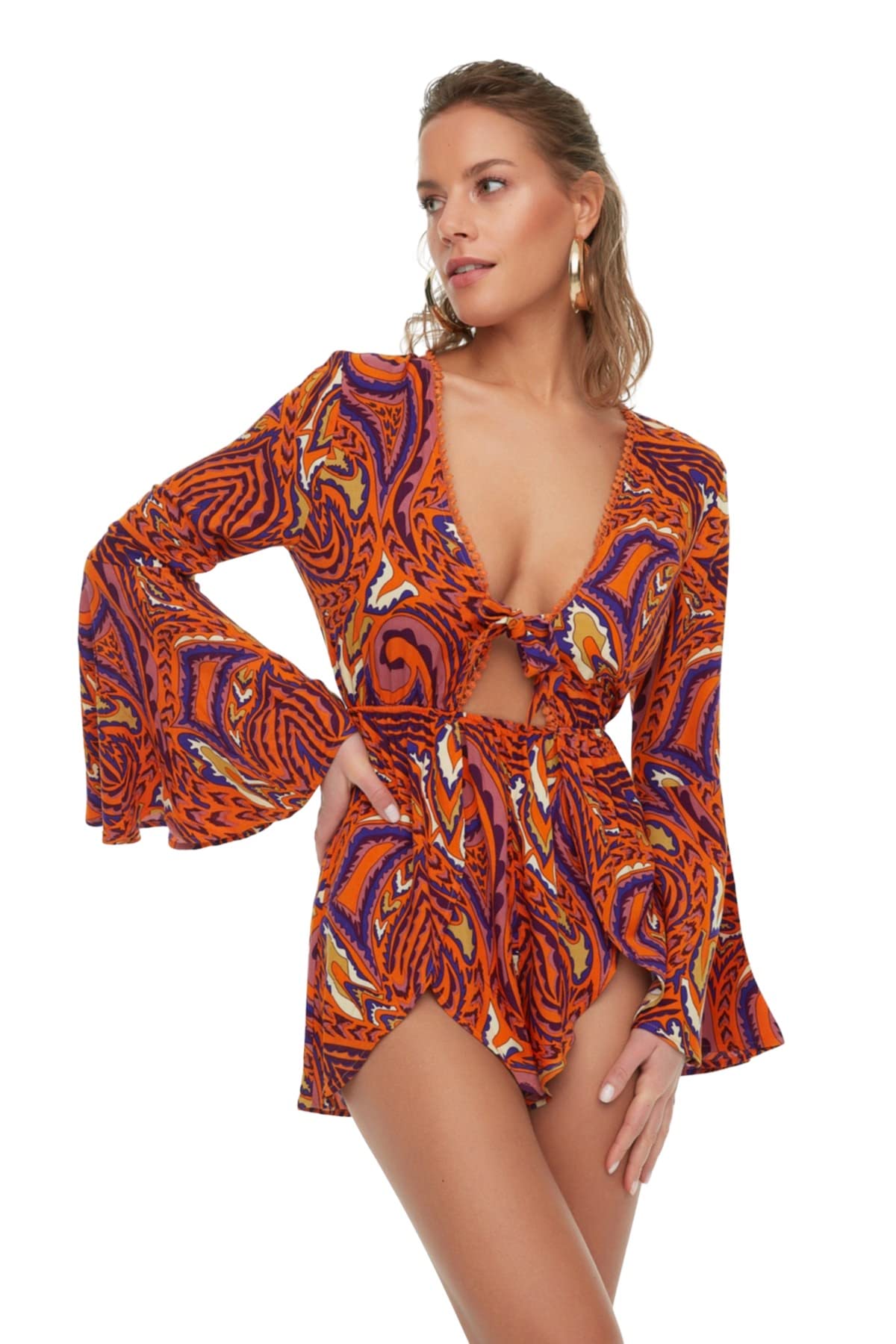 Trendyol Women's Orange Feman Abstract Woven Jumpsuit