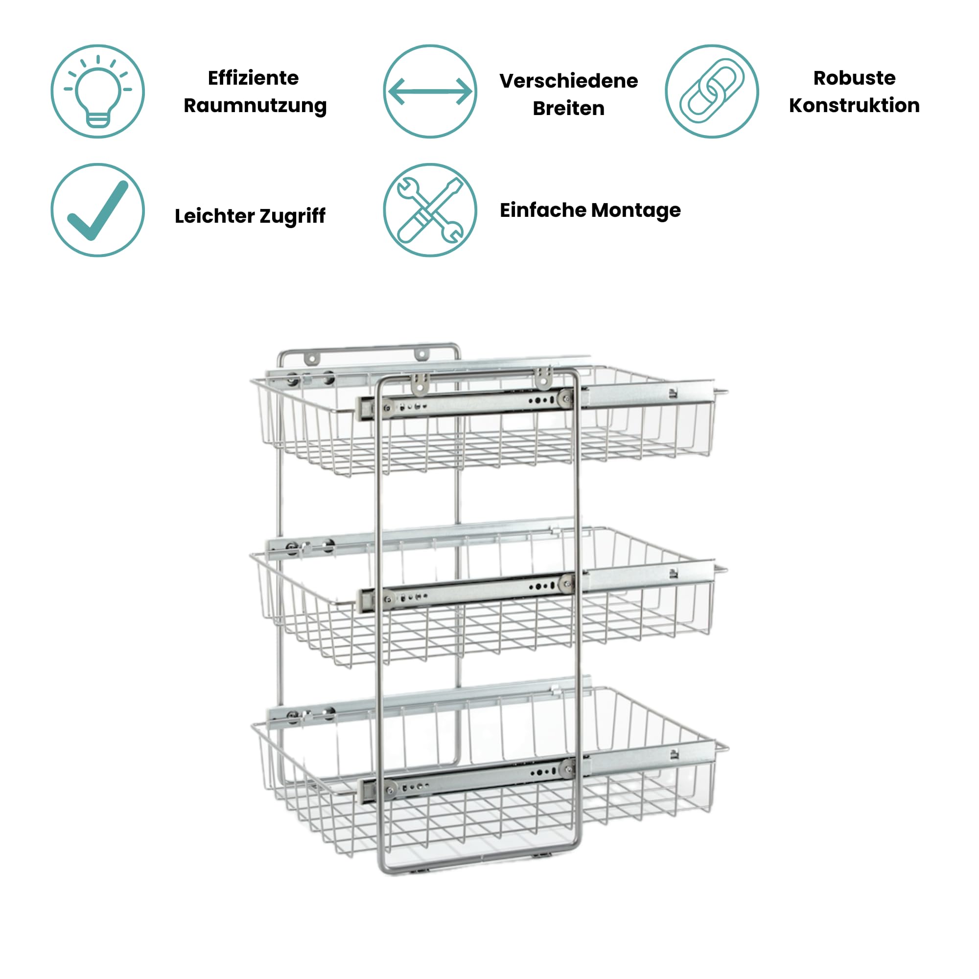 Teleskopschublade für 30cm Schrank – Premium Schrankauszug Küche zum Nachrüsten – Einfache Montage – Stabil & Langlebig –Korb Kombisystem, 3 etagig