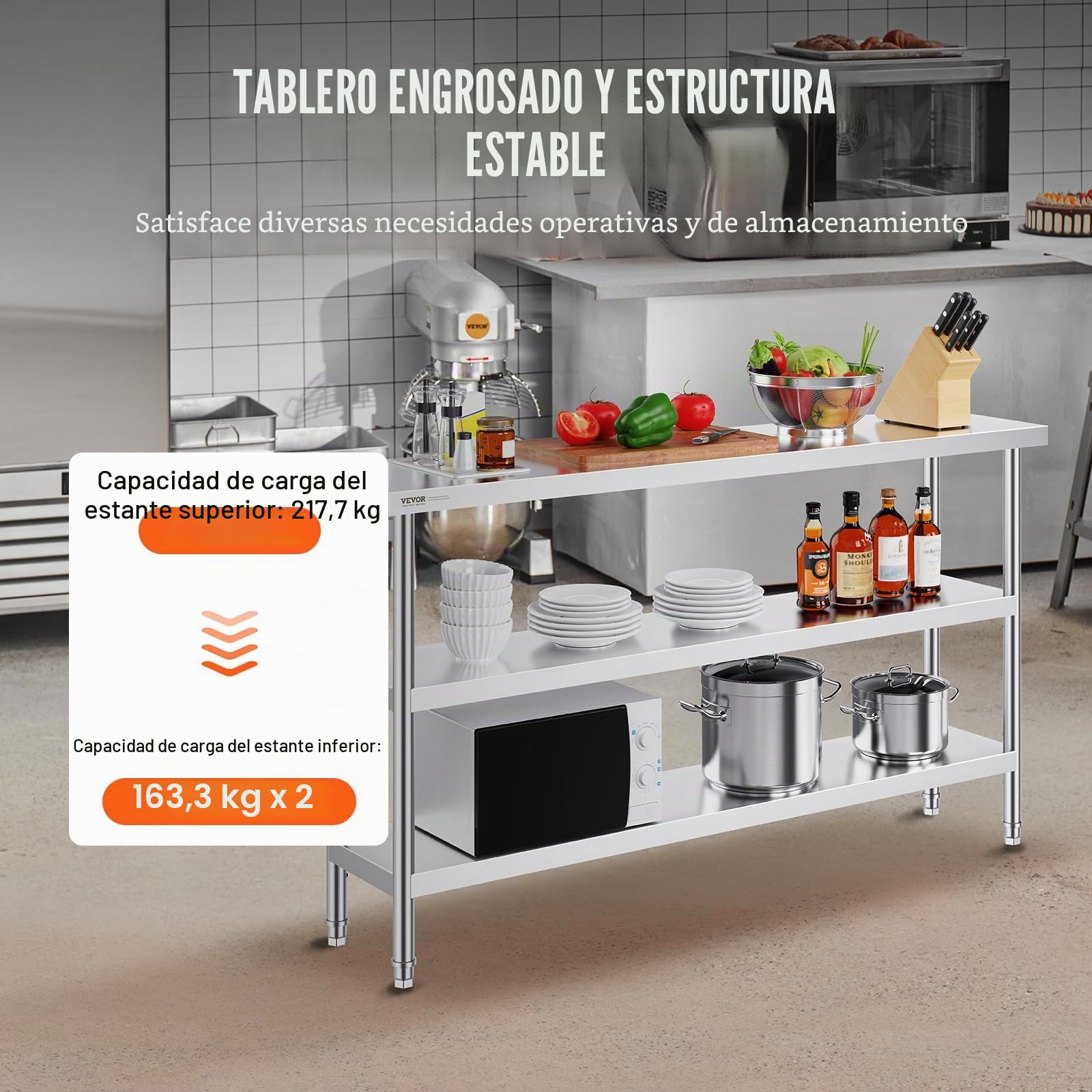 VEVOR mesa de Preparación de Alimentos 356x1524x864 mm Trabajo de Cocina Comercial Acero Inoxidable 2 Estantes Inferiores Ajustables Parrilla, Cocina, Hogar