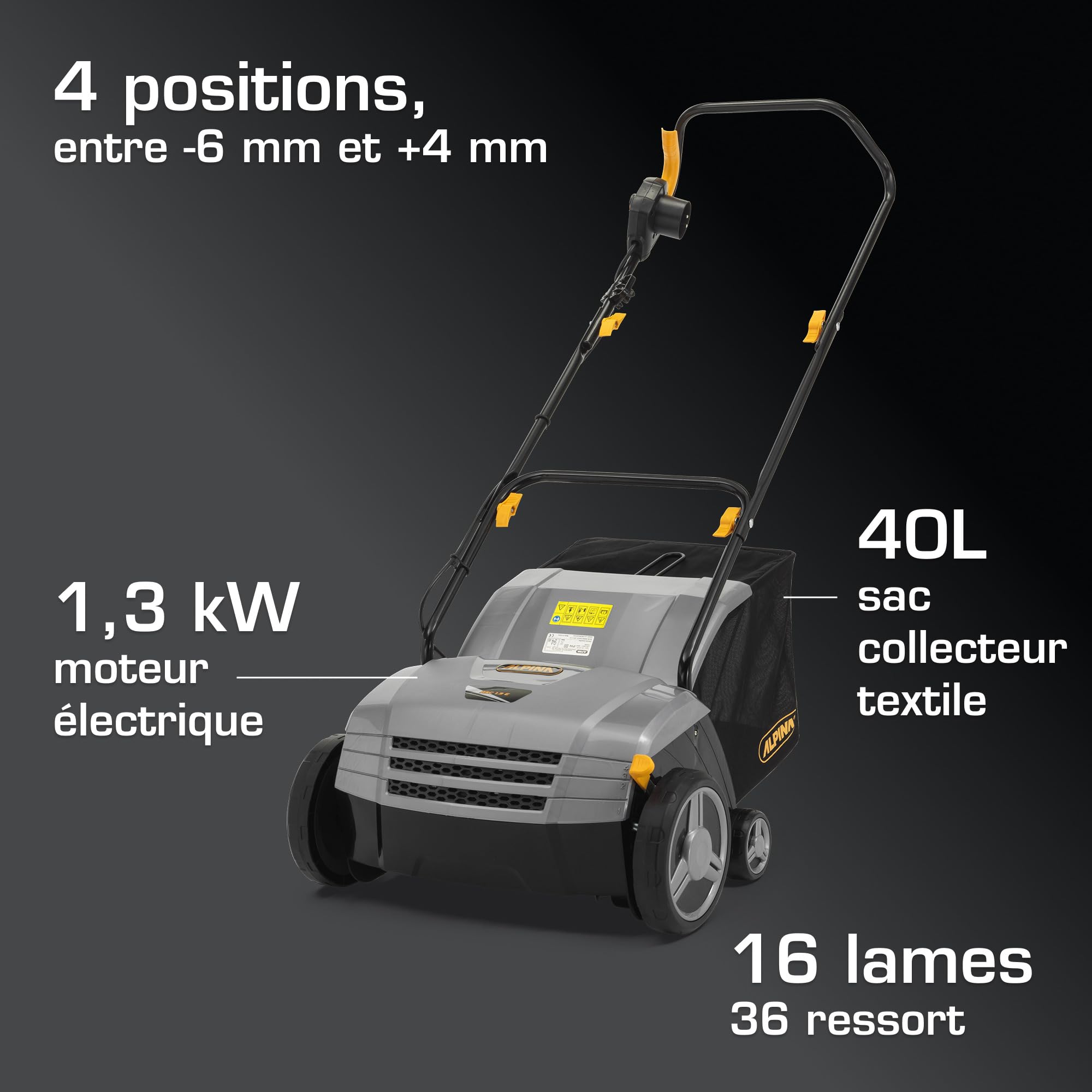 Alpina Scarificateur Electrique ASC 1.3 E, Moteur 1300 W, 16 Lames et 36 Dents, Profondeur réglable entre -6 mm et + 4 mm, Pour scarifier et aérer le terrain, Bac de ramassage de 40 L