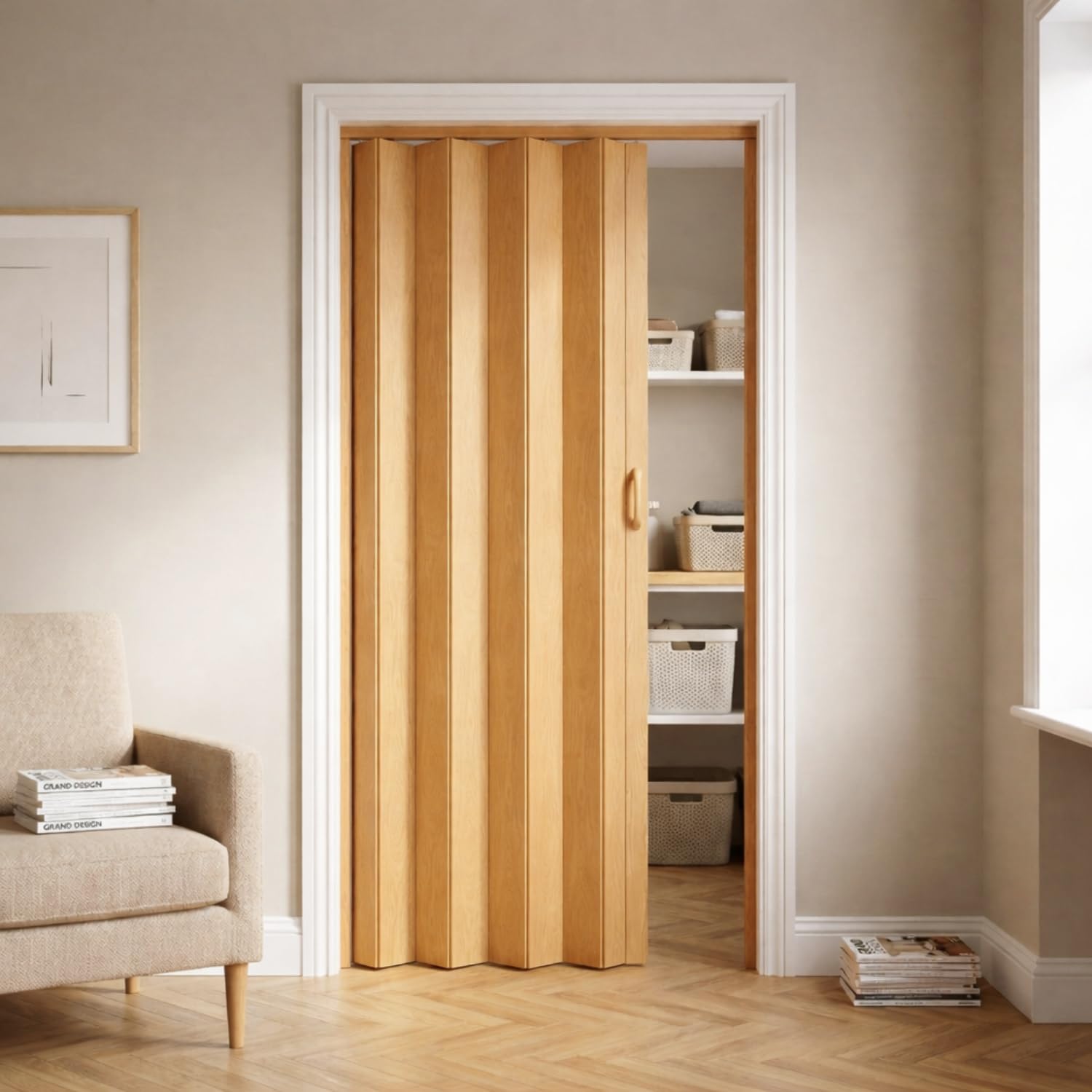 NOVECRAFTO PVC Folding Door, 32 x 80 in – Smooth Glide, Magnetic Closure, Moisture-Resistant, Easy Installation, Space-Saving – Wood Effect Concertina Accordion Sliding Door (Brown Oak)