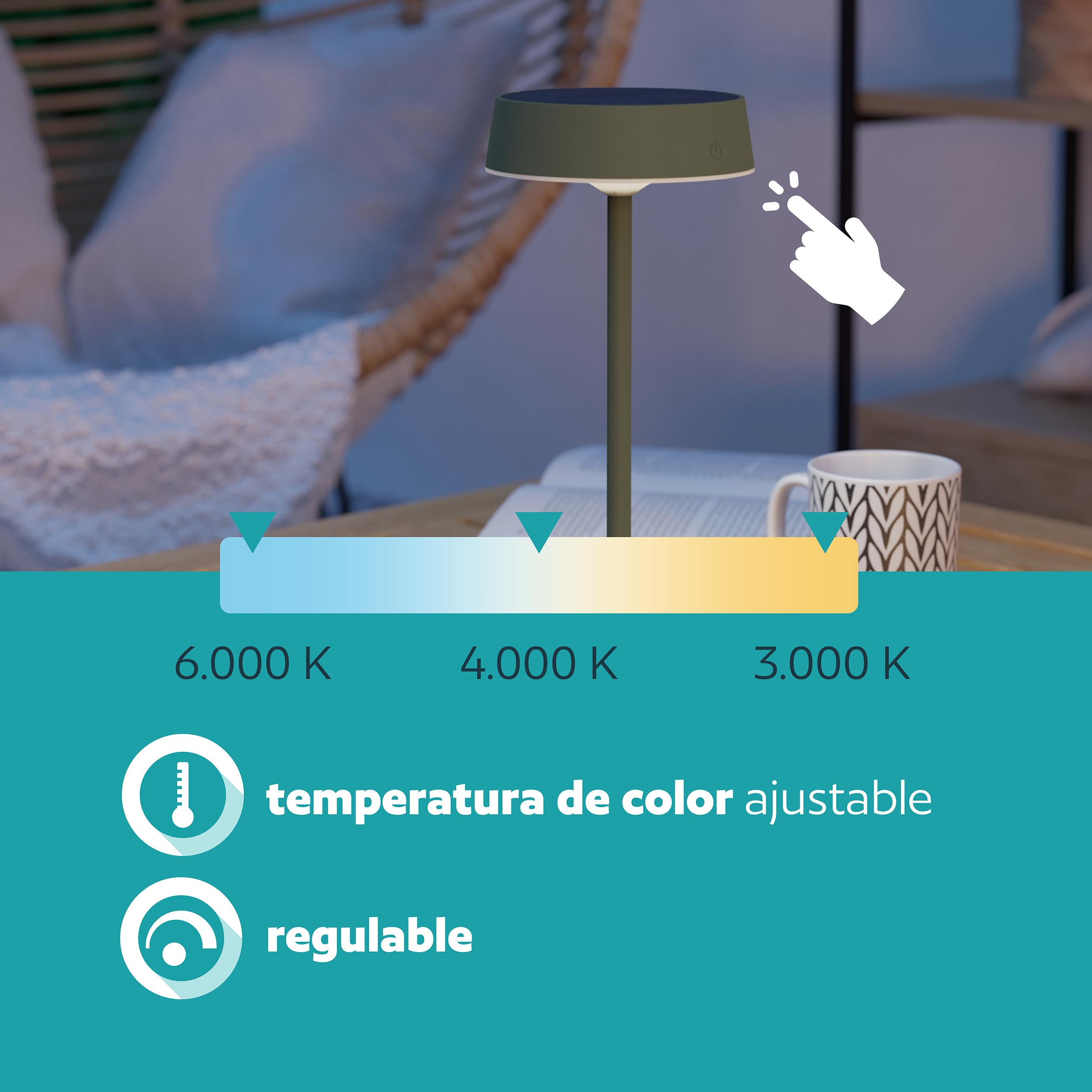 EGLO Lámpara solar de mesa LED para exteriores, batería inalámbrica, regulable, metal en verde, blanco cálido, neutro frío, IP54