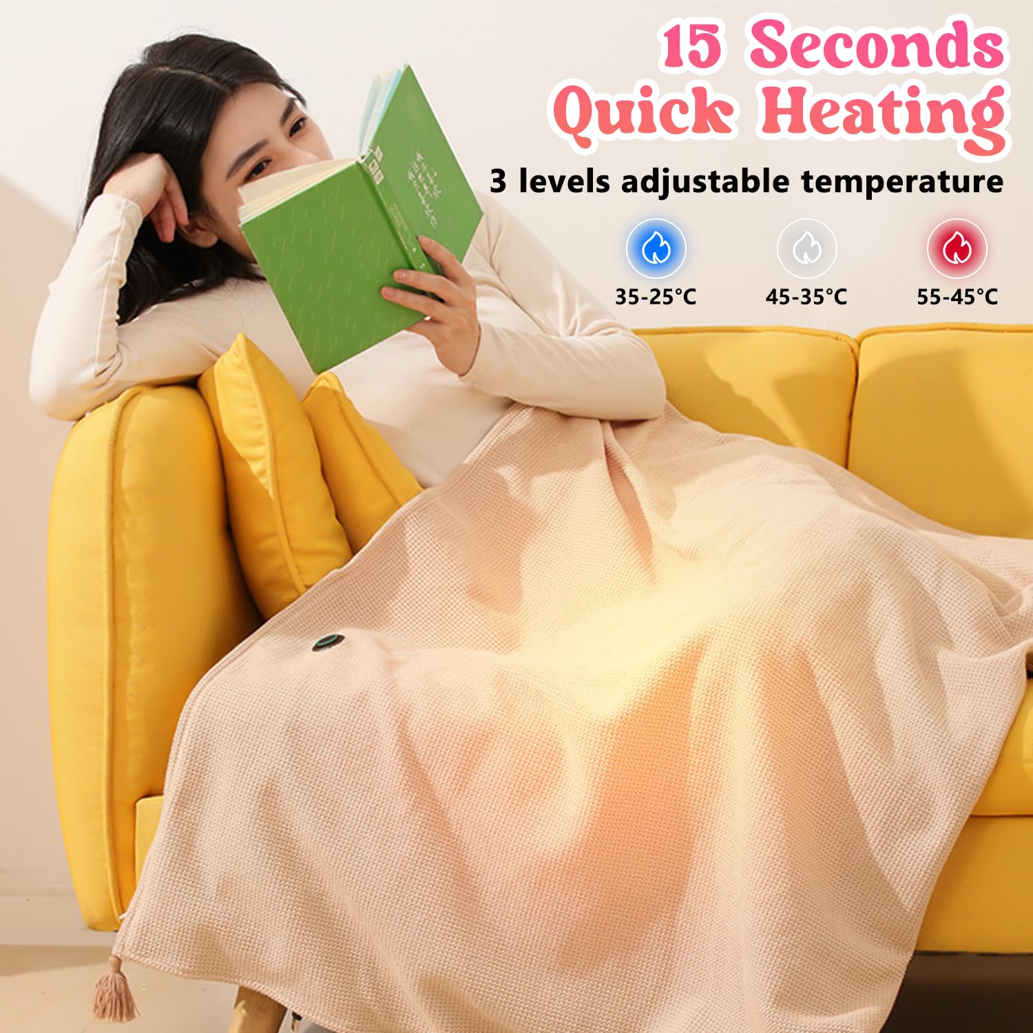 Portable Heating Blanket Shawl, Women's Heating Shawl,Portable Soft Zipper Electric Heated Blanket Shawl,Outdoor Wearable Wireless Electric Blanket with 3 Heating Levels (Not Included Power bank)