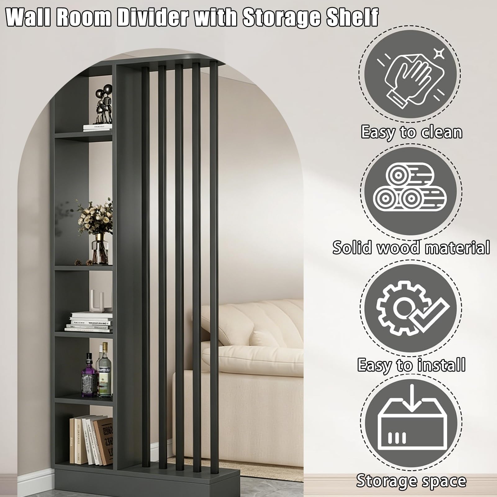 Divisor de Ambientes de Pared con Estantes Divisor de Ambientes Independiente con Estante de Almacenamiento Entrada Hall Partición Columna de Pantalla(Gray-B,80cm/31.4in)