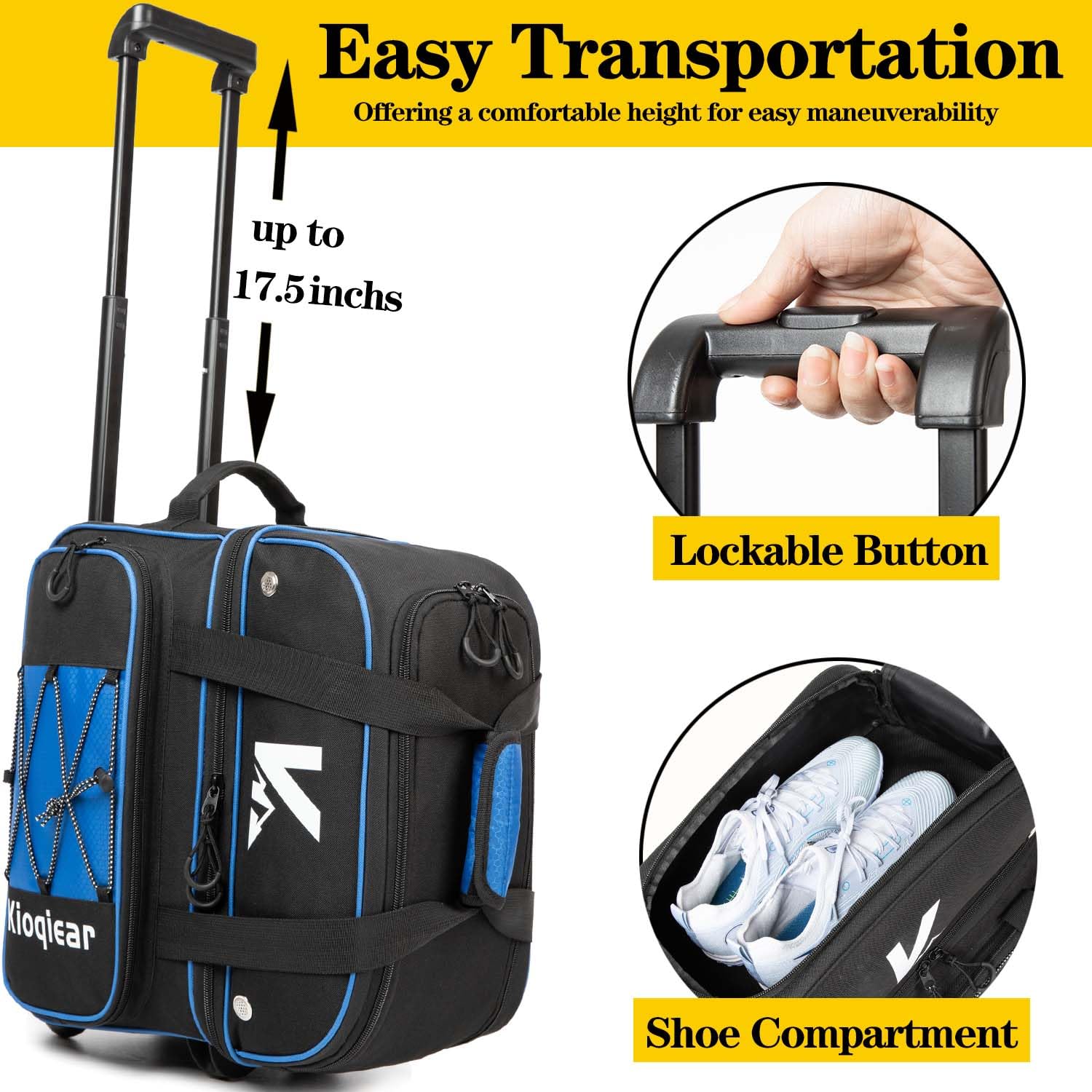Bolsa de bolos de doble rodillo para 2 bolas con compartimento grande separado para zapatos y bolsillo de accesorios de gran tamaño, asa extensible de 36 pulgadas.