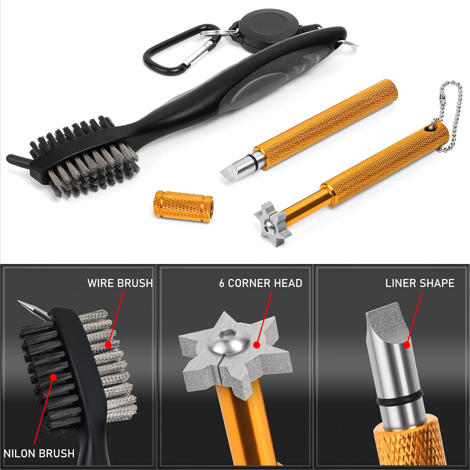 5 IN 1 Portable Golf Club Cleaning Kit, Golf Club Cleaning Brush with Retractable Zip, Golf Club Groove Sharpener Tool Use to U&V-Grooves, Golf Accessories with Microfiber Towel, Perfect Golf Gift