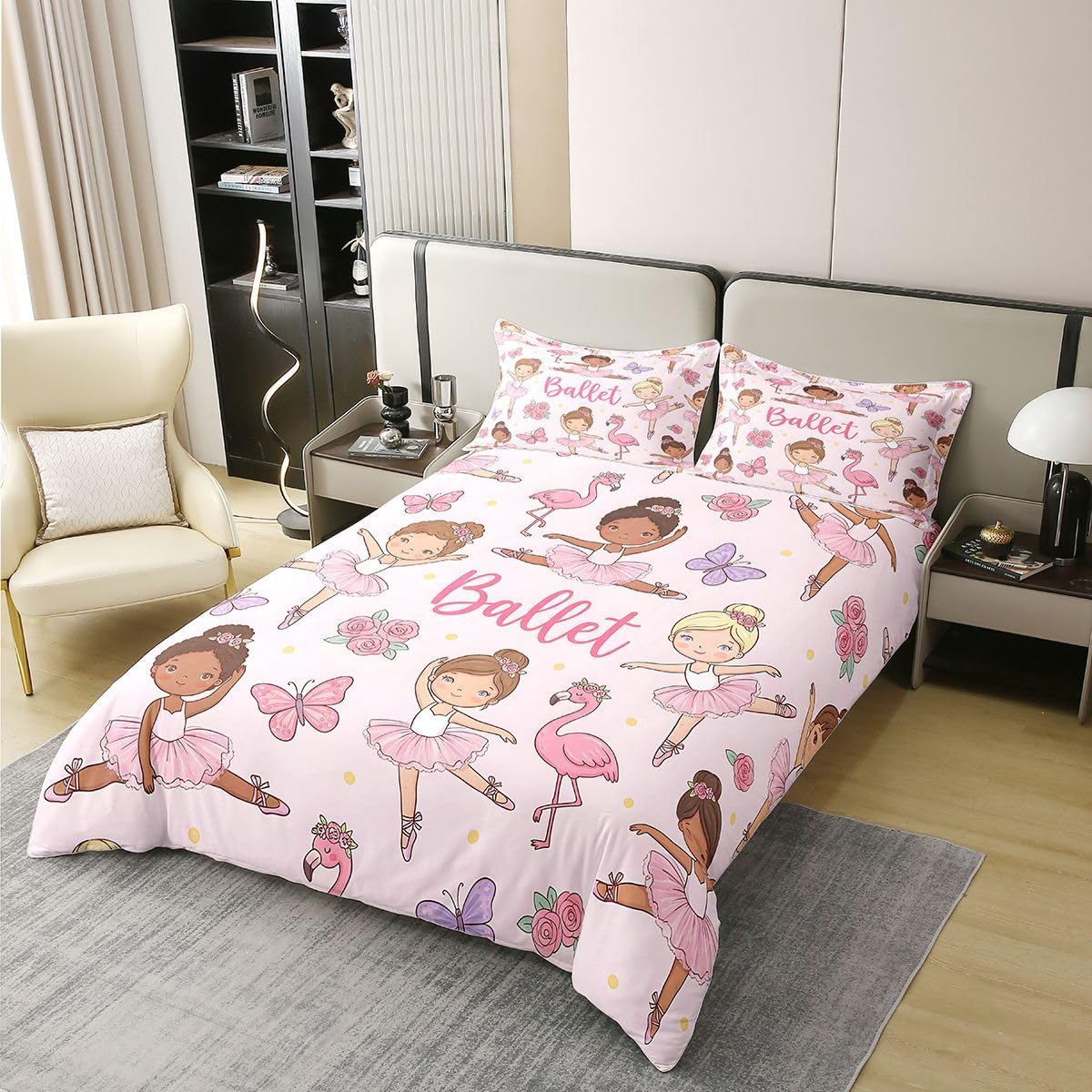 Feelyou Cute Ballerina Duvet Cover 100% Cotton Full Size Ballet Flamingo Pink Comforter Cover for Boys Girls Princess Themed Rose Bedding Set 3Pcs Room Decor Breathable Soft Lightweight
