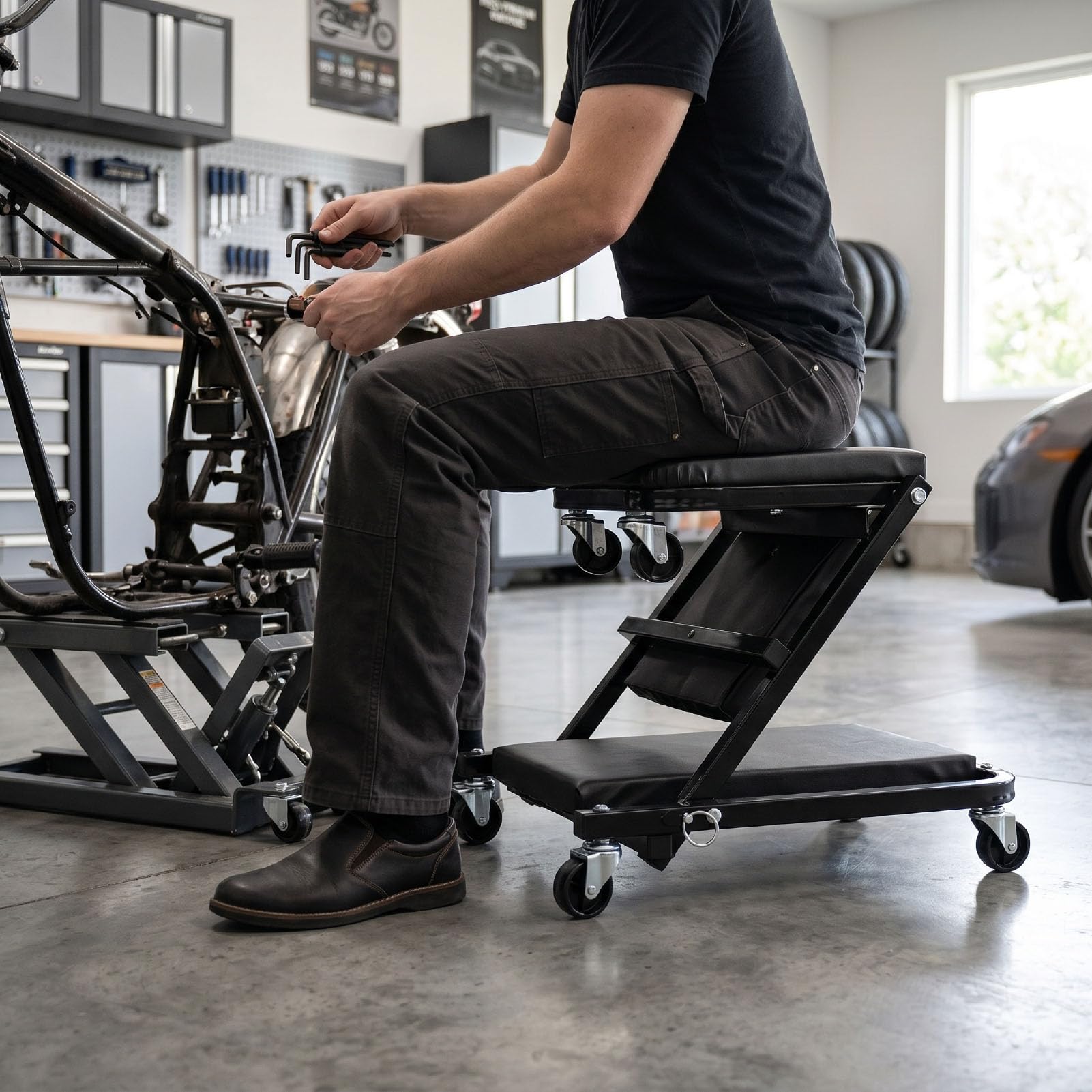 KIMISS Enredadera con Ruedas para Debajo del Automóvil Silla de Garaje con Ruedas Enredadera Mecánica Asiento 3 en 1 Plegable de Perfil bajo 6 Giratorias Respaldo del (Black)
