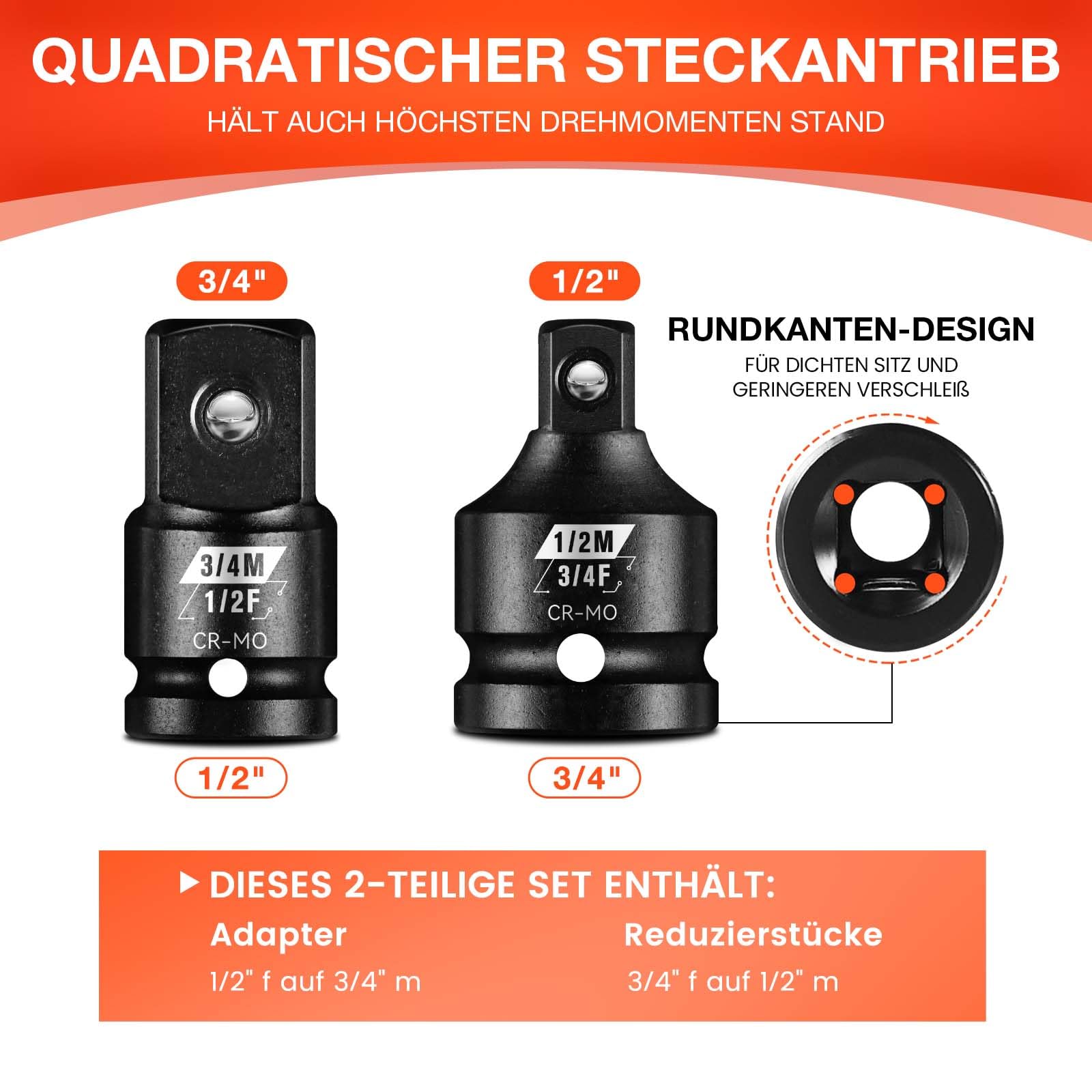2-tlg. Stecknuss Adapter Set, 3/4 zoll auf 1/2 zoll, 1/2 zoll auf 3/4 zoll Schlagadapter, Chrom-Molybdän-Stahl, Kraft-Adapter für Ratschen & Steckschlüssel