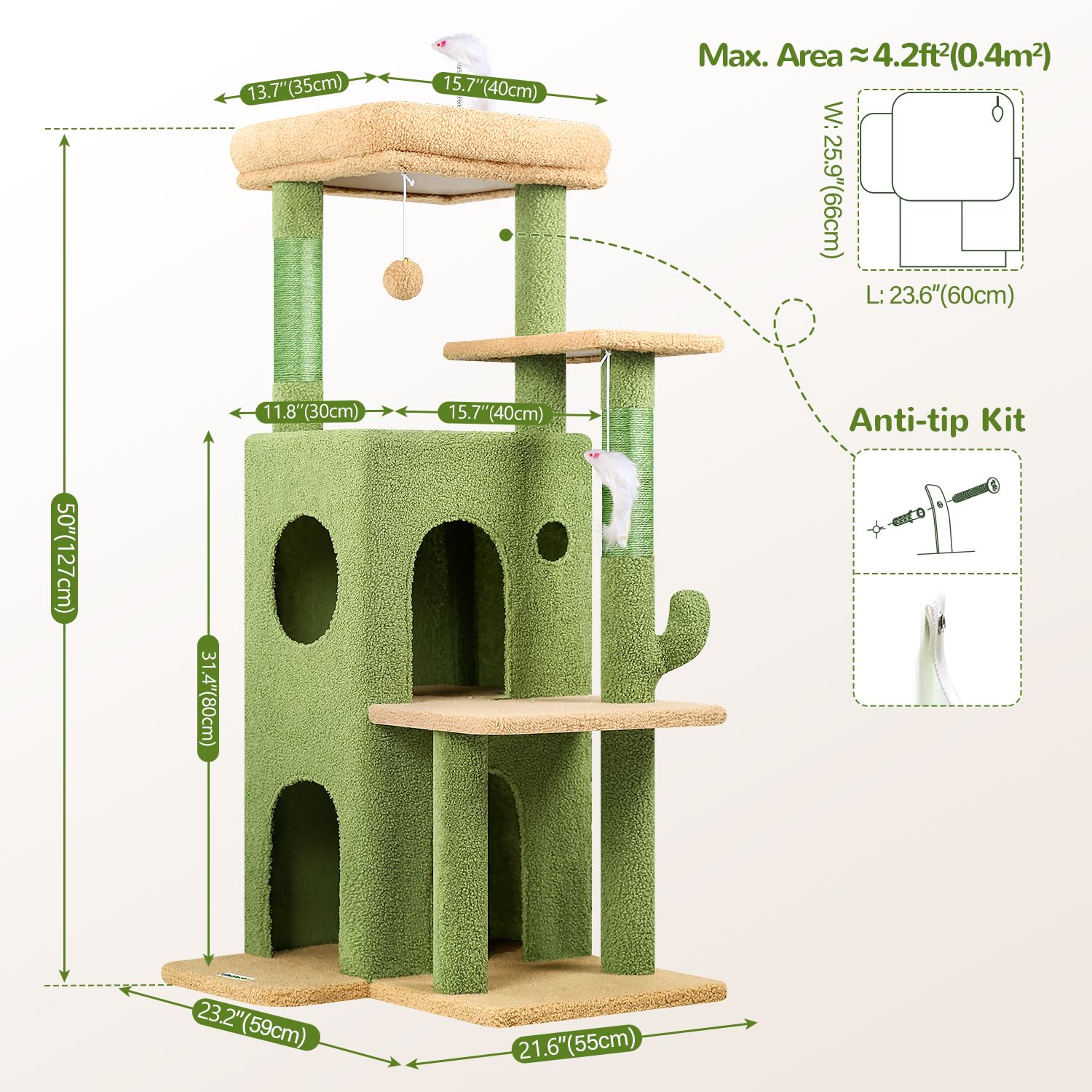 Globlazer Árbol Rascador Cactus Verde con 2 Nidos, Plataformas Acolchada, Felpa Gatos Juquetes, Estable Rascador Fácil de Escalar Grande Gato Viejo Gatitos Descansar Jugar Interior (FC50, Verde)