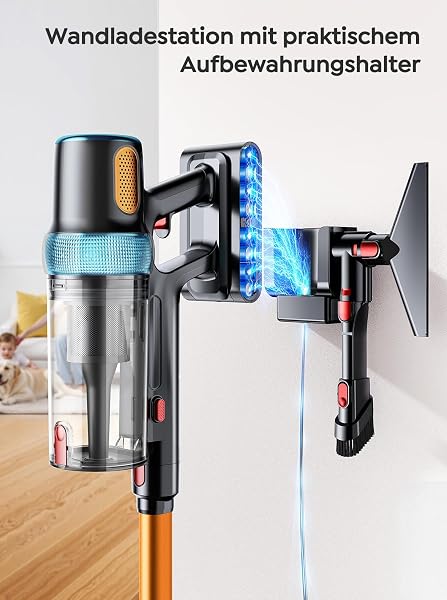 Akku Staubsauger 50KPA/600W/65Min,Selbststehender Staubsauger Kabellos mit 1M Ausziehbarer Schlauch,Wandladestation,Automatikmodus,Anti-Tangle-Bürste,Mehrstufige Filtration für Teppiche/Hartböden/Auto - 5