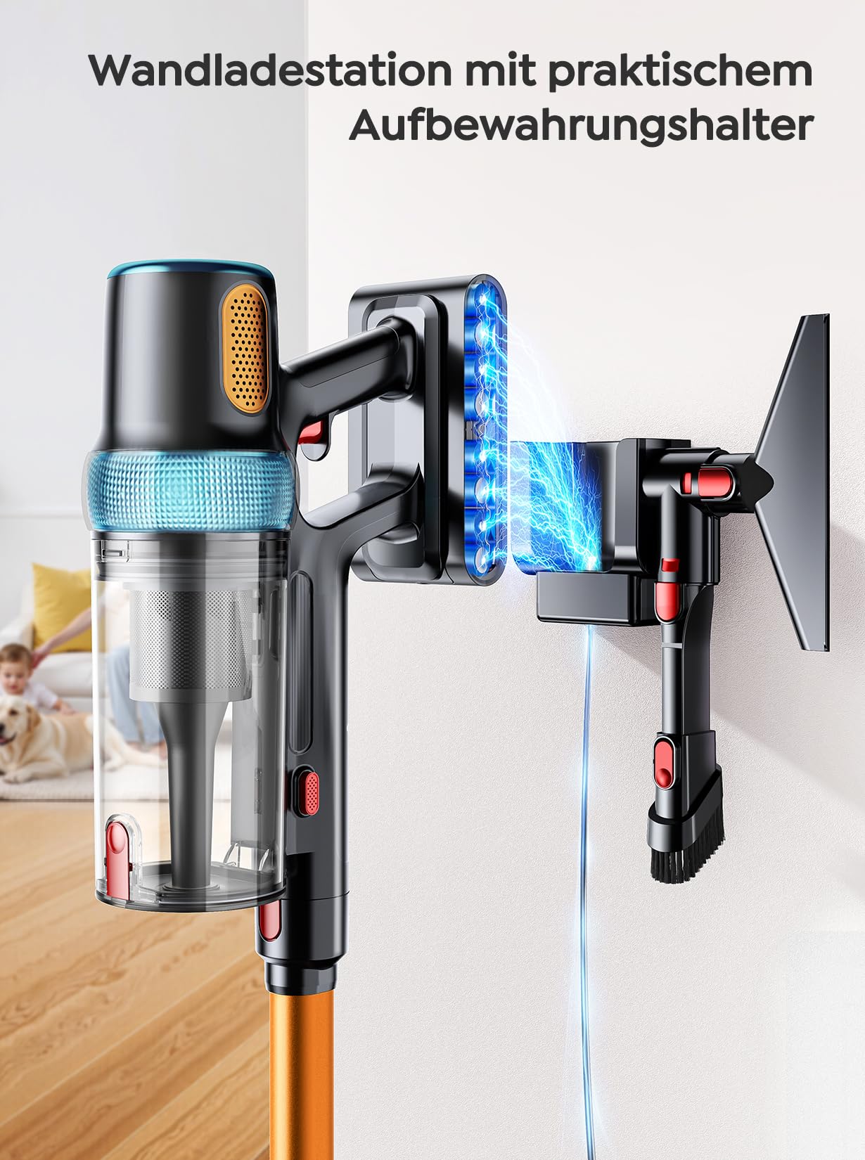Akku Staubsauger 50KPA/600W/65Min,Selbststehender Staubsauger Kabellos mit 1M Ausziehbarer Schlauch,Wandladestation,Automatikmodus,Anti-Tangle-Bürste,Mehrstufige Filtration für Teppiche/Hartböden/Auto