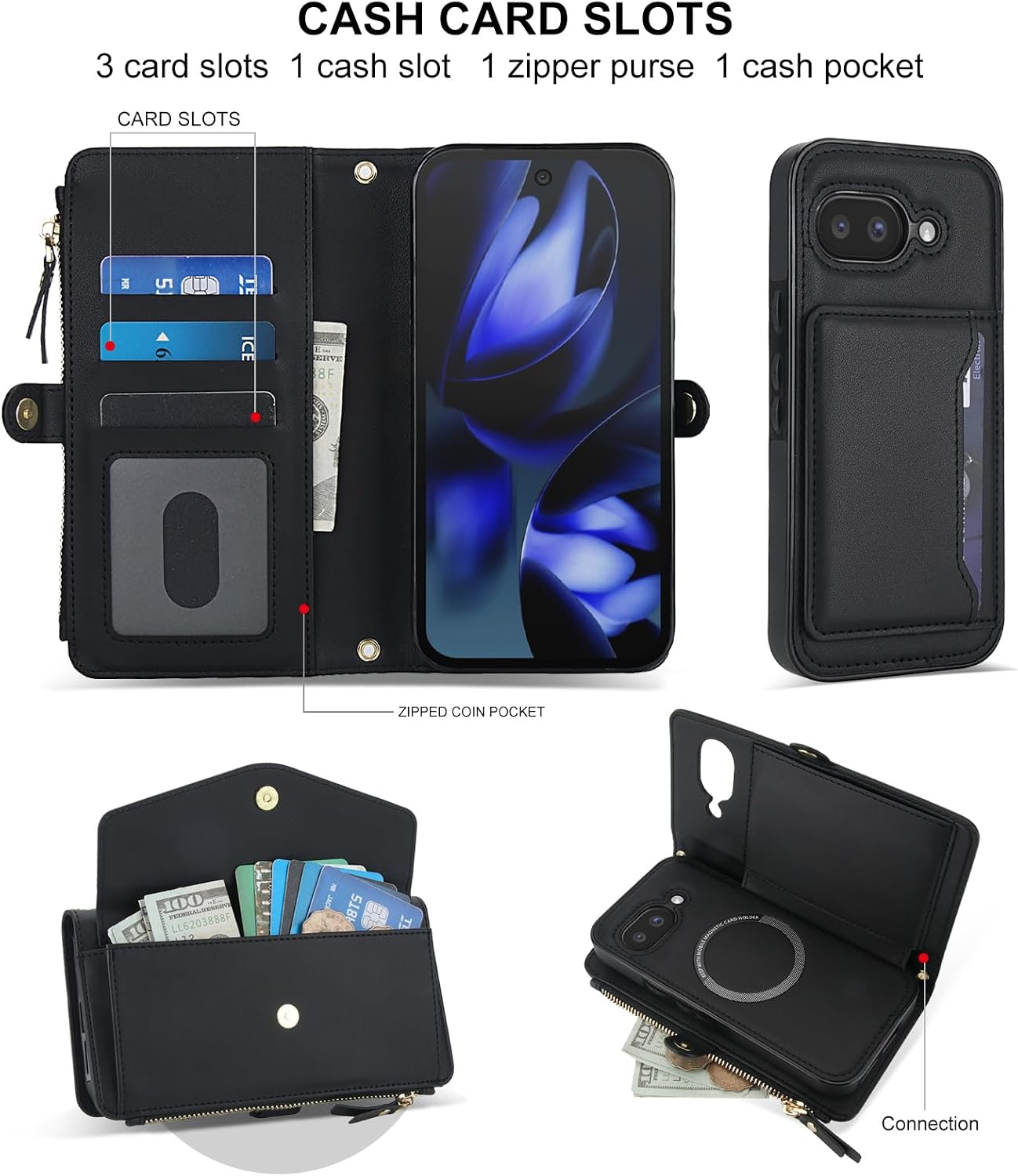 Asuwish Phone Case for Google Pixel 9A Wallet Cover Compatible with Magsafe RFID Screen Protector Crossbody Lanyard Strap Flip Card Holder Slot Zipper Cell Purse Pixel9A A9 5G Women Men Black