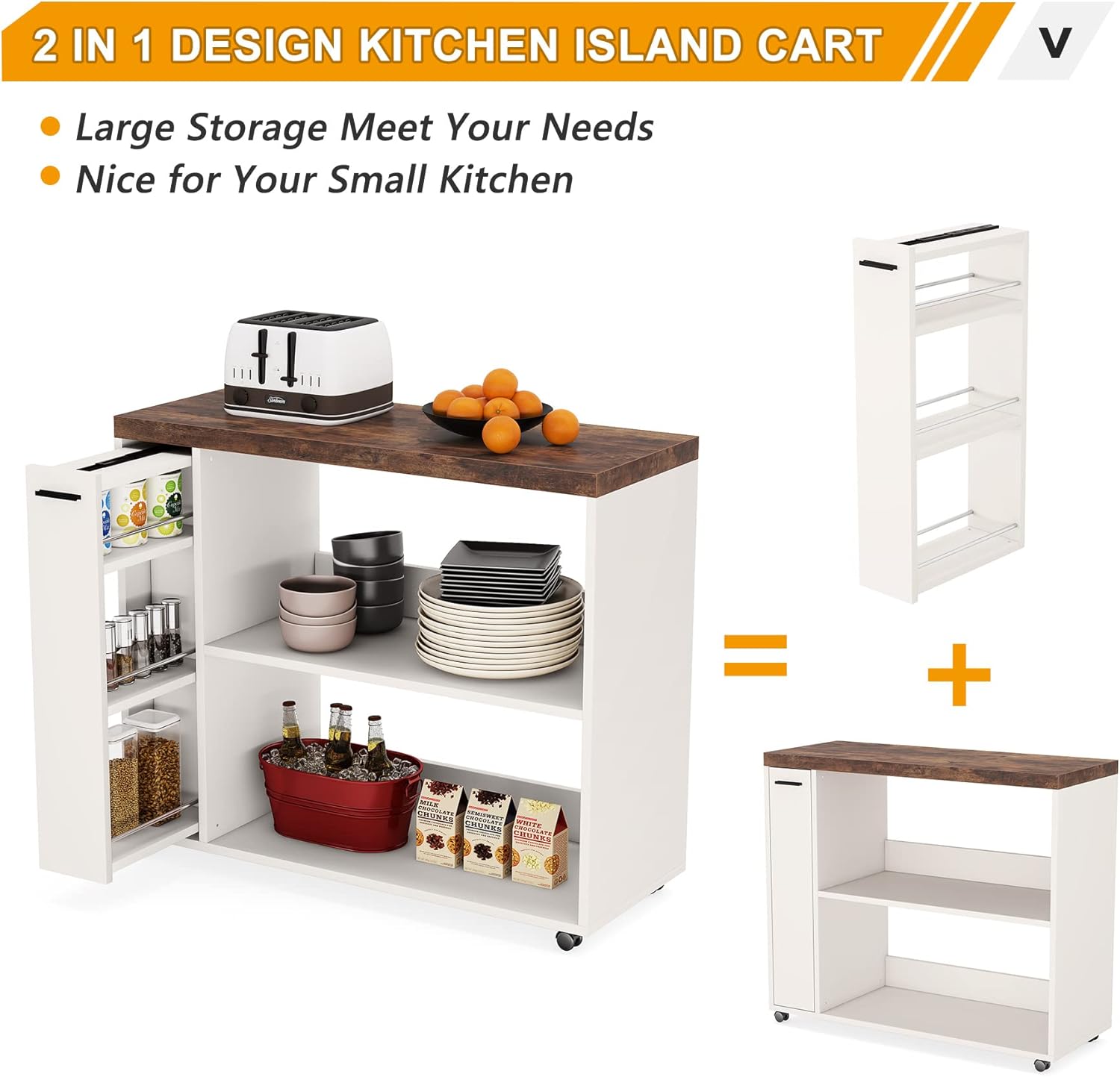 Close-up of the slim pull-out drawer with items like spices and bottles