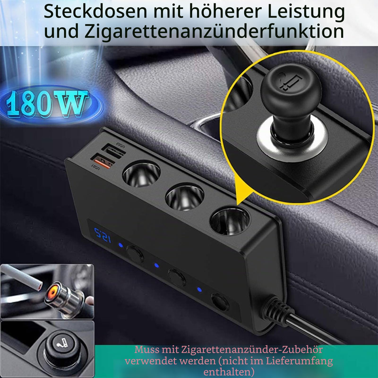 Auto Ladegerät Zigarettenanzünder Sockel Splitter 180W Zigarettenanzünder Adapter mit 4 USB Ports Separate Schalter Spannungsanzeige QC3.0 Schnellladung Für Telefon Tablets Dash Cam
