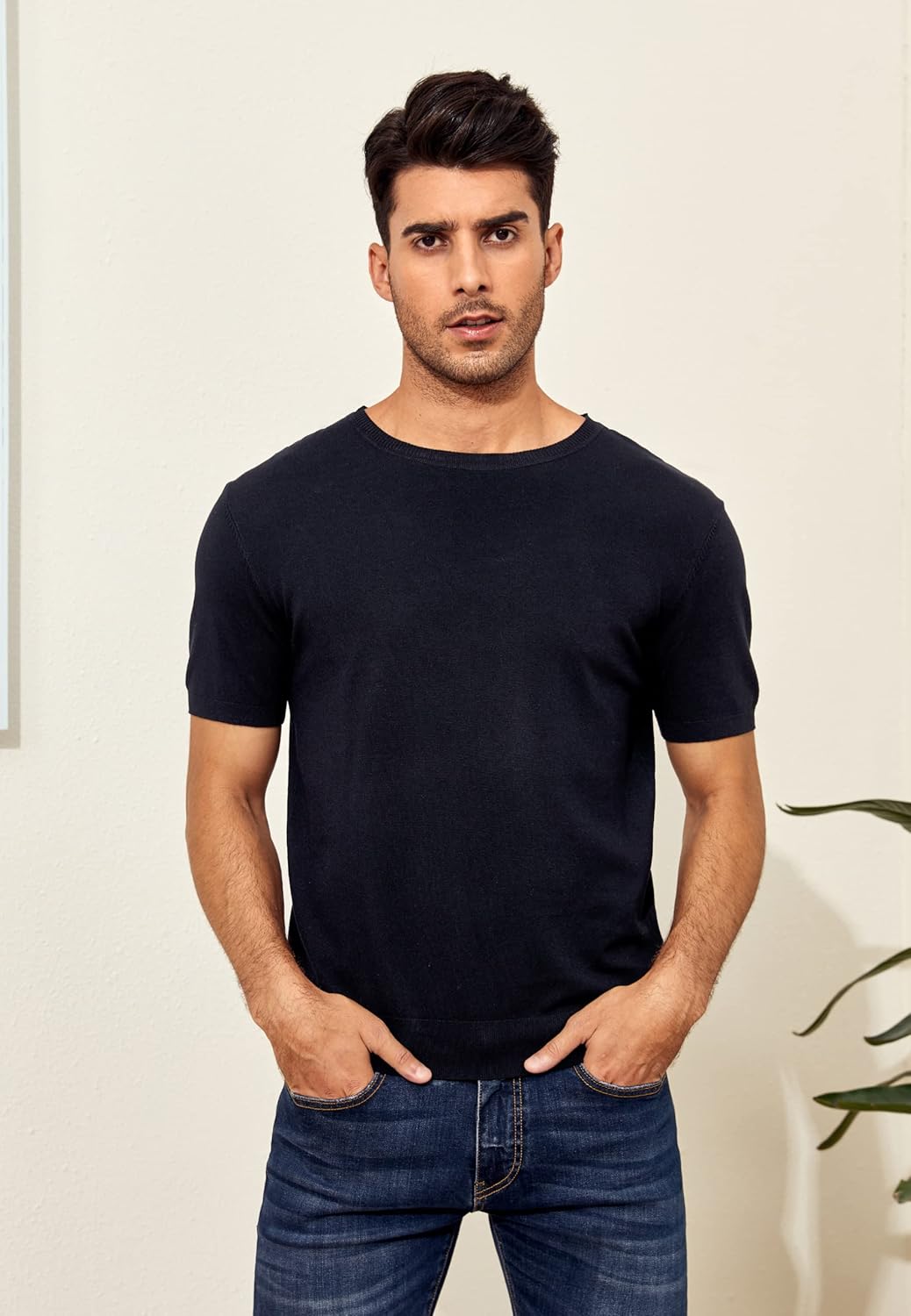 Coutgo Mens Short Sleeve Knit T-Shirts Crew Neck Slim Fit Stretch Pullover Sweater Casual Solid Basic Knitwear - Image 3