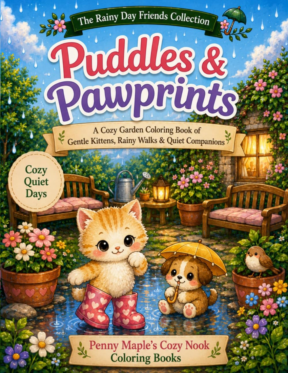 Puddles & Pawprints: A Cozy Garden Coloring Book of Gentle Kittens, Rainy Walks & Quiet Companions (The Rainy Day Friends Collection™)
