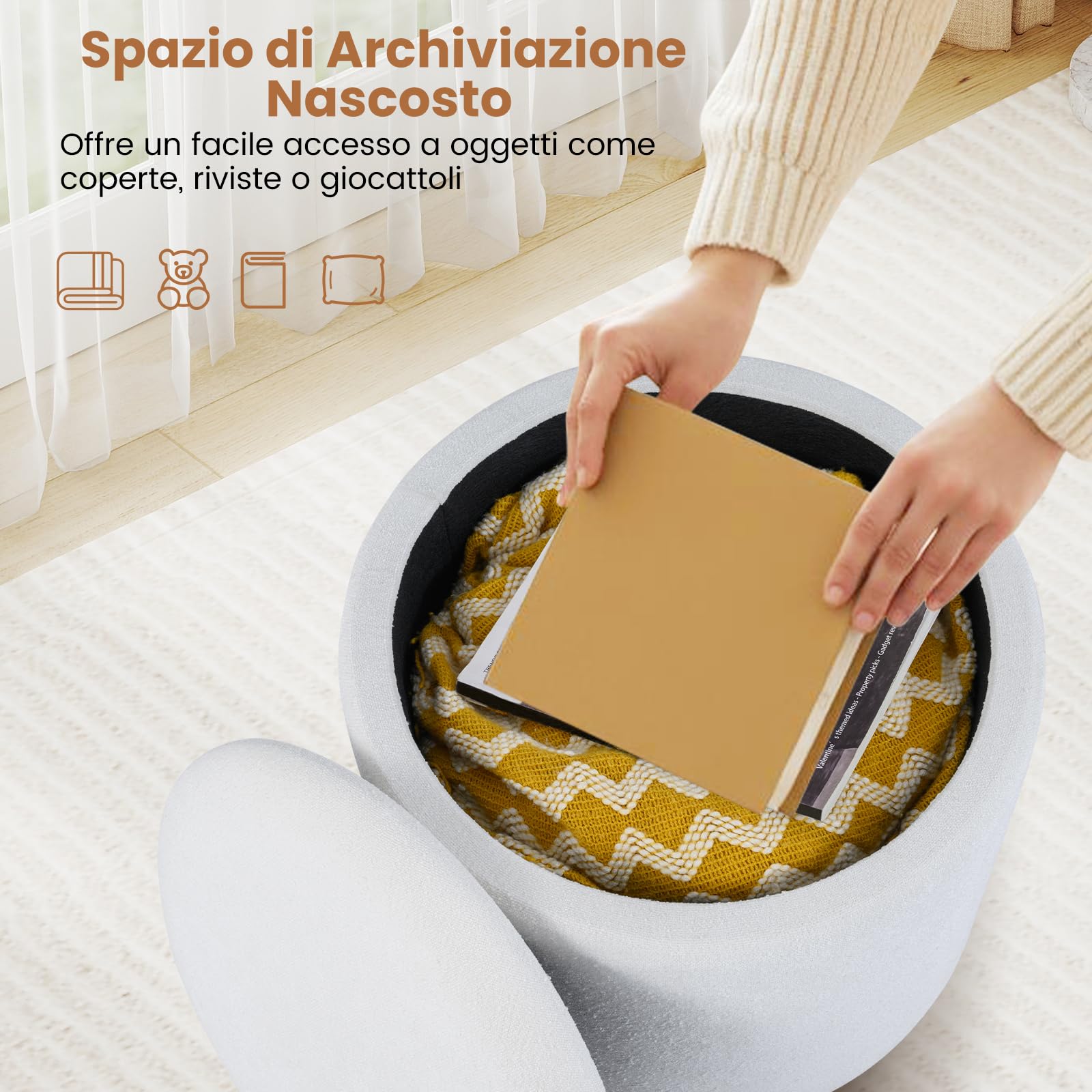 COSTWAY Pouf Contenitore 35 L, Ottomano in Tessuto Ciniglia con Coperchio Rimovibile, Sgabello con Gambe in Legno di Gomma, Portata 150 kg, per Soggiorno e Camera da Letto (Bianco)