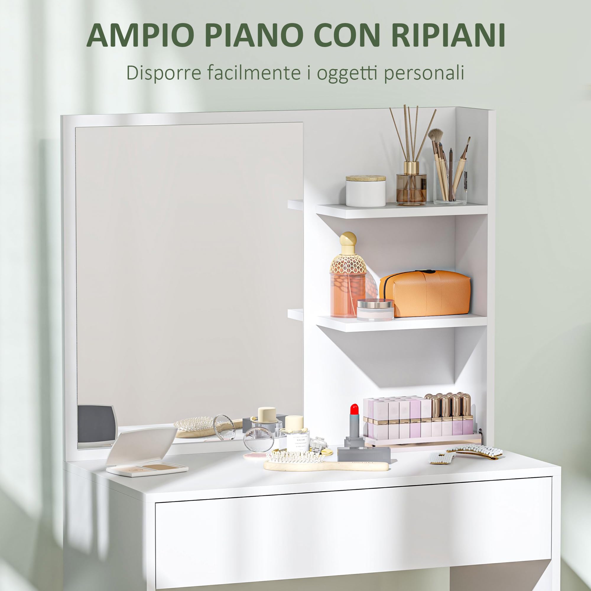 HOMCOM Toeletta Trucco Elegante con Specchio Moderno 75x40x137 cm Bianco | Ampio Cassetto Portaoggetti, 3 Ripiani, Postazione Trucco, Postazione Make Up per Camera da Letto