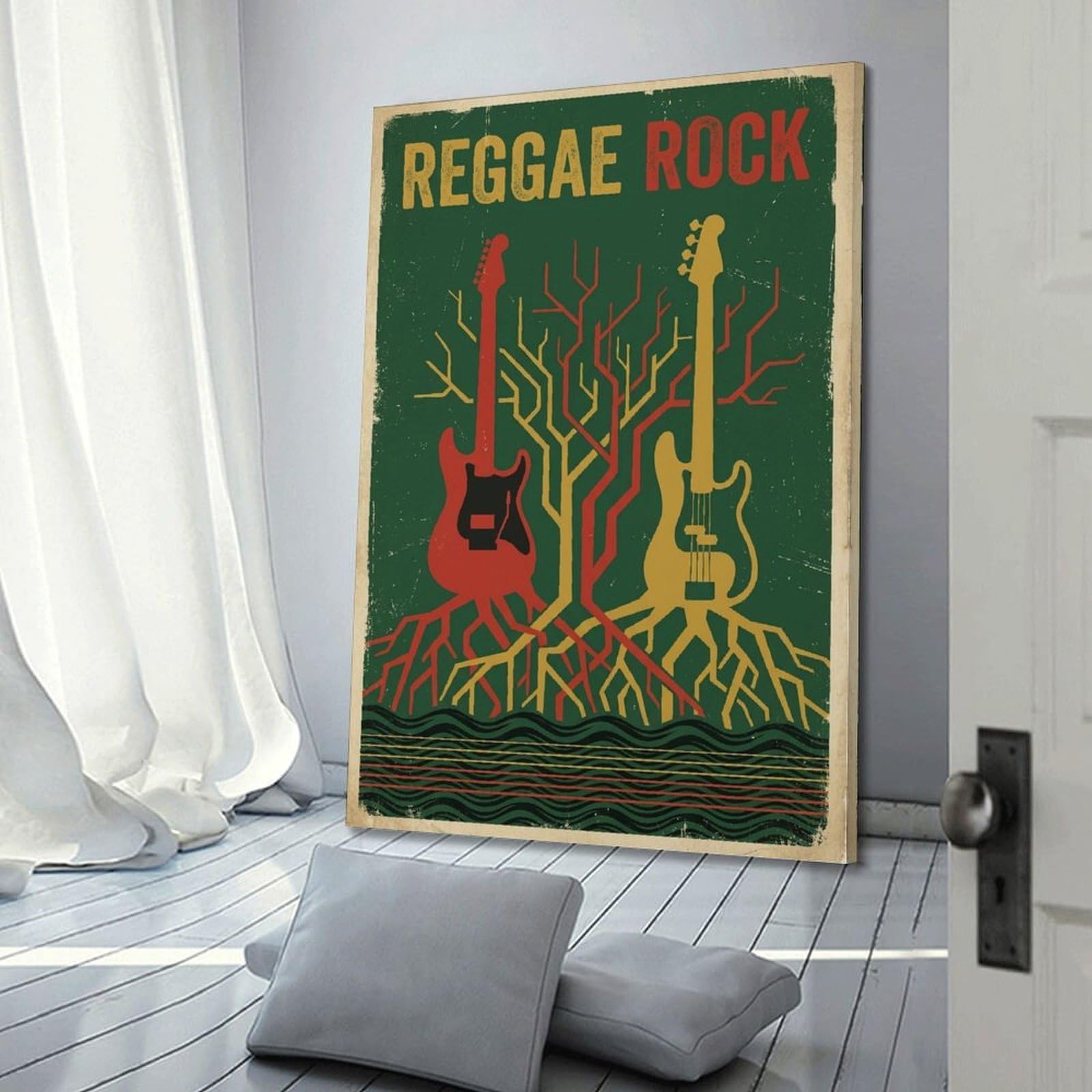 XKUGA Poster con stampa su tela, motivo: albero della vita, chitarra e basso, reggae rock, moderno, decorativo, decorazione artistica da parete per famiglia, grotta degli uomini, sala giochi, camera