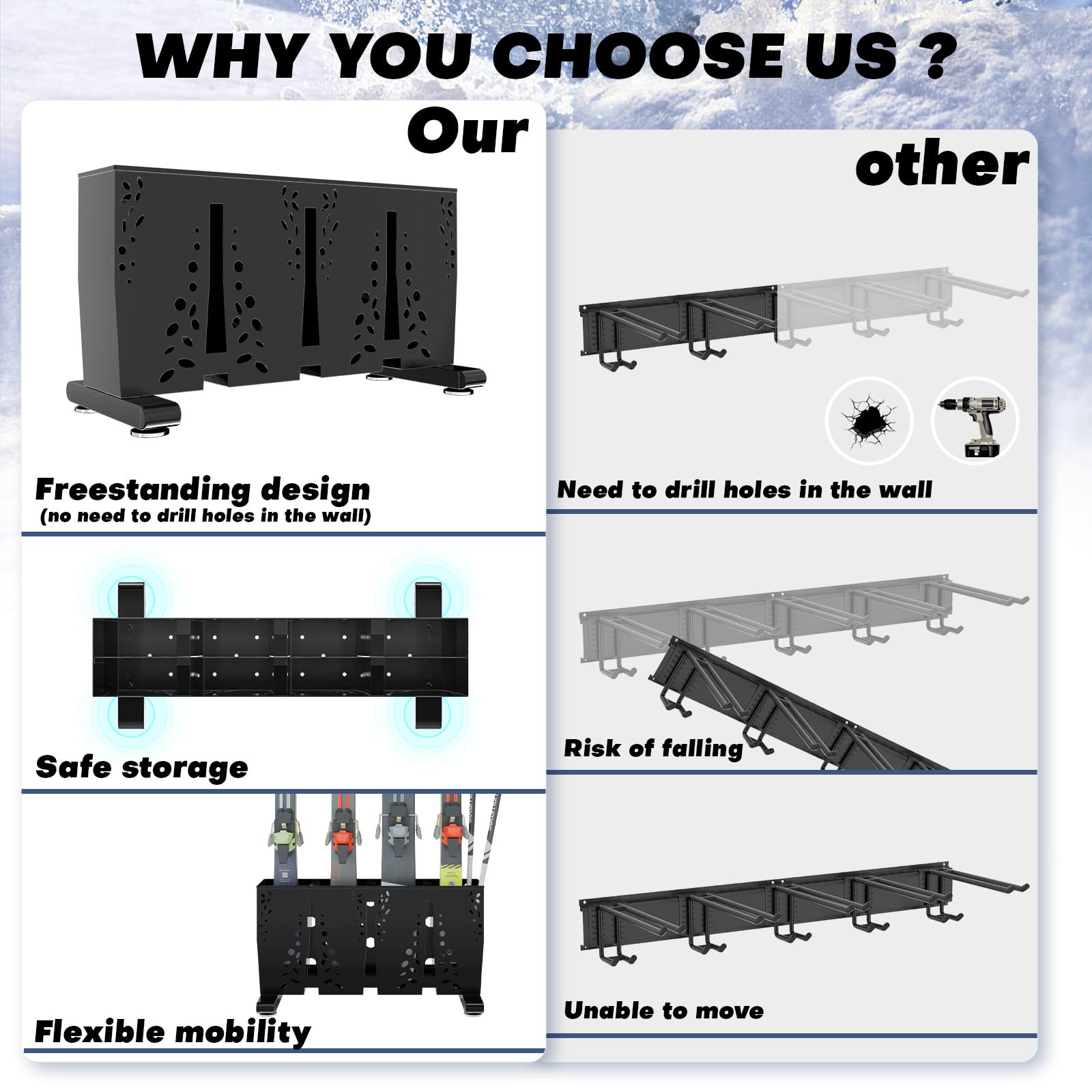 TOCRETOARE Portasci in metallo resistente, supporto autoportante per 4 paia di sci, supporto da pavimento per sci, organizer da pavimento per snowboard per garage e casa