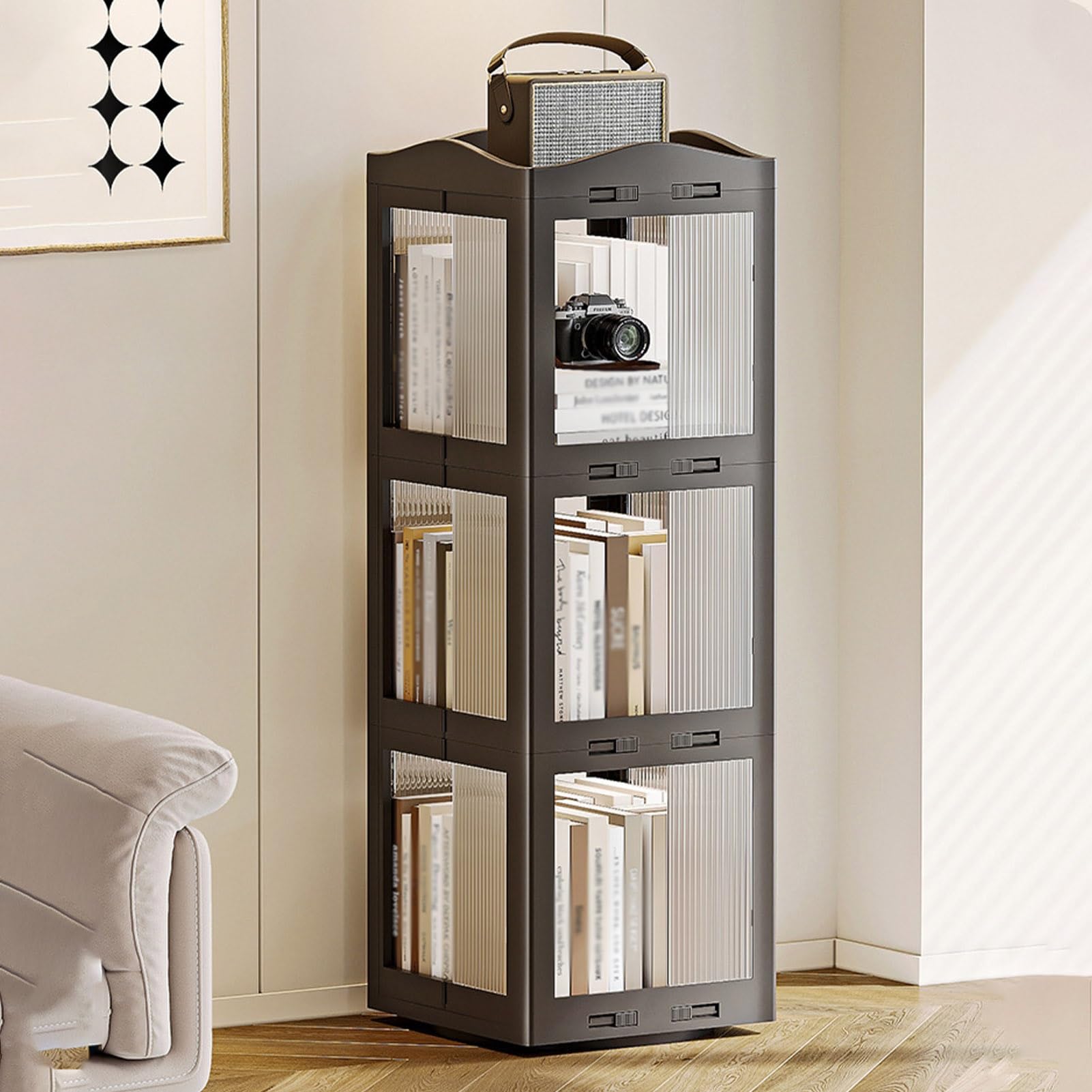 EFGETD 5 Tier 360° Rotating Bookshelf Foldable, Dust-proof Large Capacity Storage Rack ABS Floor Standing Bookcase Display Cabinet Book Shelf for Living Room Bedroom(Black,3rd floor)