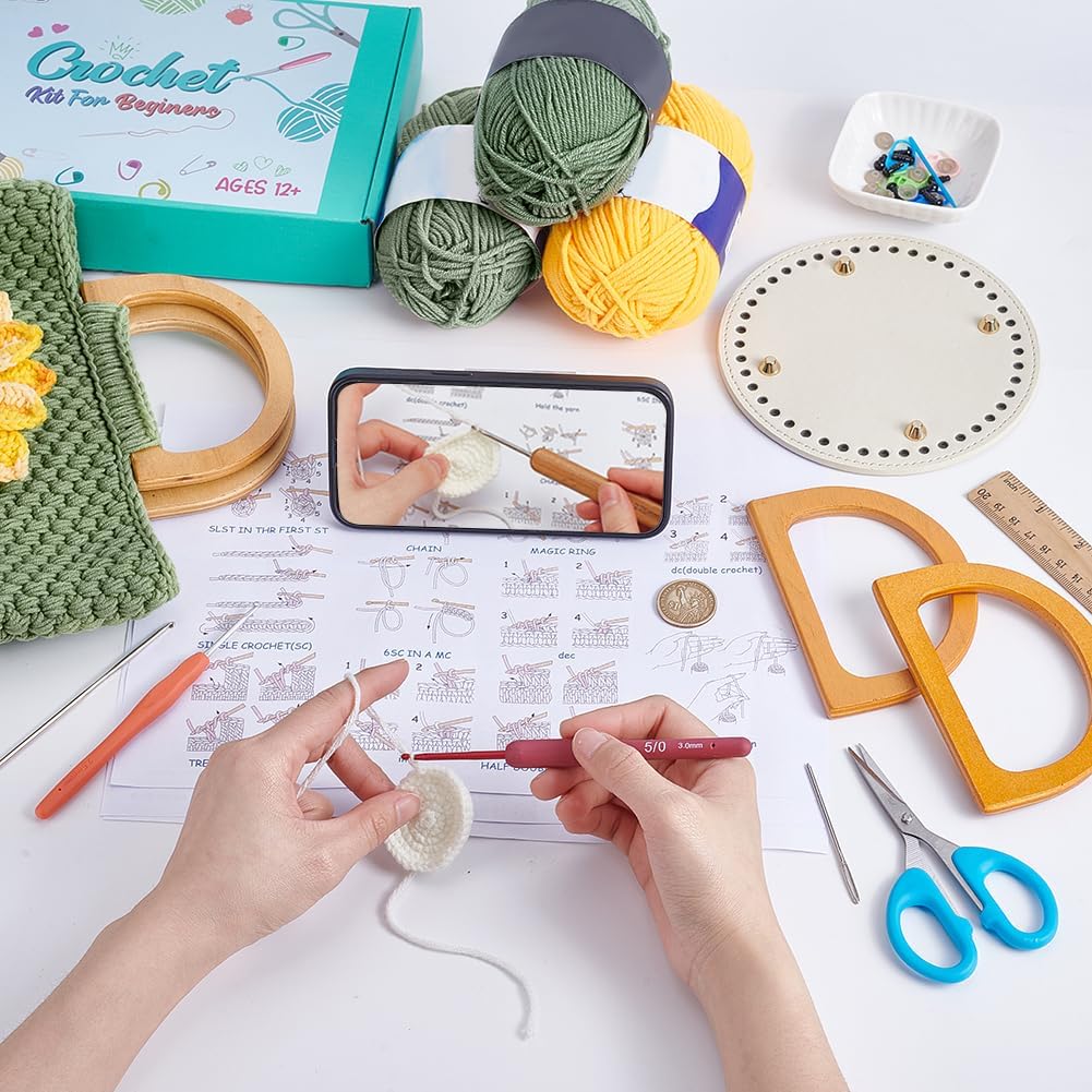 FREEBLOSS Crochet Bag Kit Sunflower Handbag Knitting and Crochet Kit with Wood Handle English Instructions Handbag Making Kit for Craft Crocheting Kit for Beginners