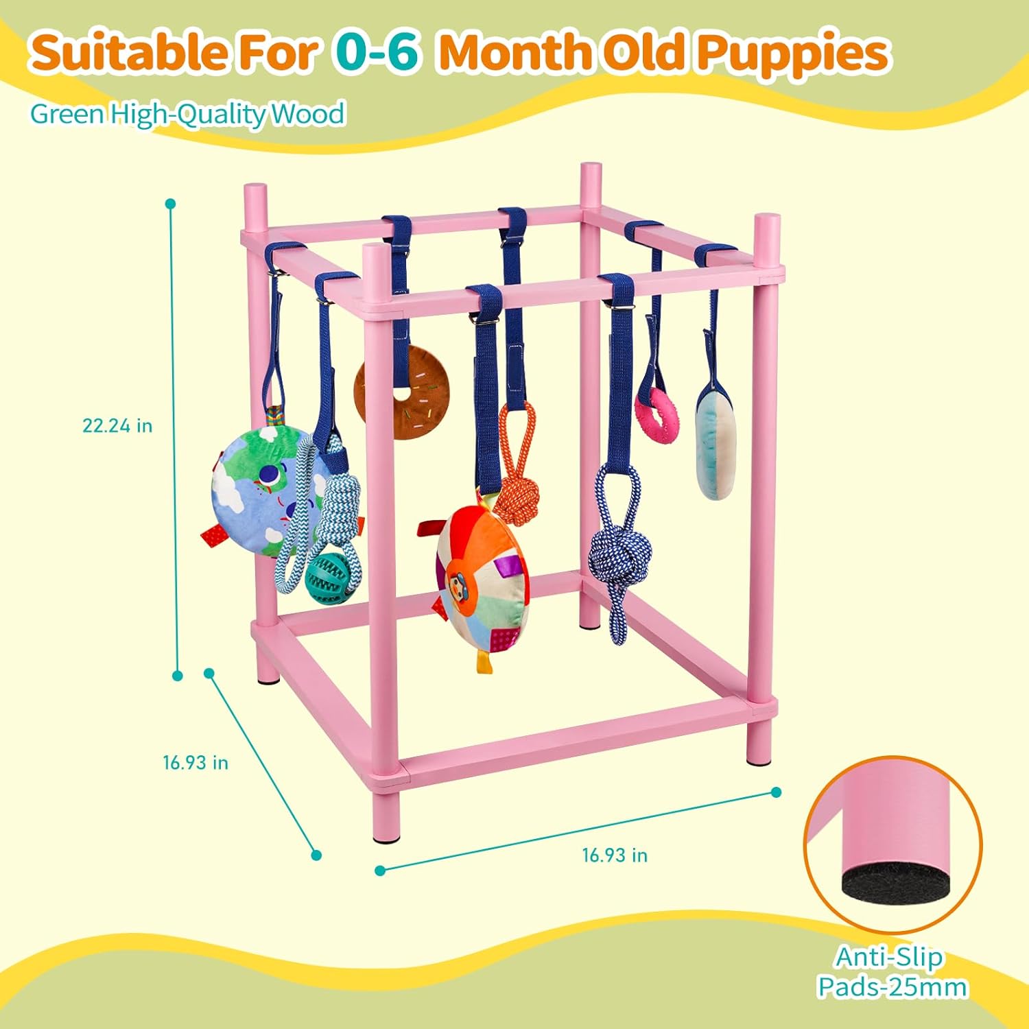 Wooden Puppy Play Gym for Small Dogs, Puppy Jungle Gym with 8 Hanging Toys, Wood Frame Indoor Puppy Gym with Dog Enrichment Toys for Puppies and Small Pets (Pink)