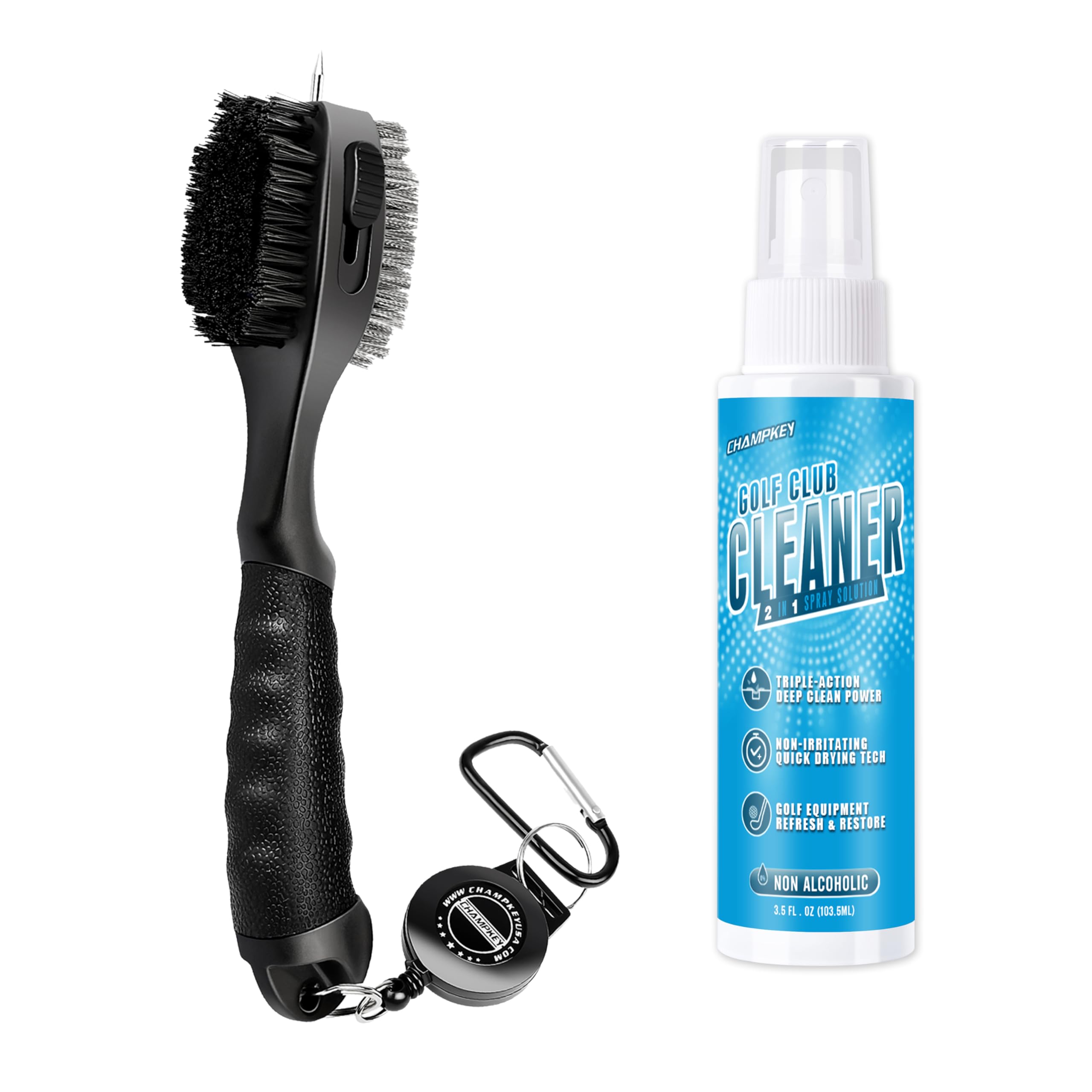 CHAMPKEY PRO Golf Club Brush with Golf Club Cleaner Spray Solution - Low-Foam Formula, Effectively Cleaning Golf Clubs - Golf Club Accessories Cleaning kit for Golfer (Black)