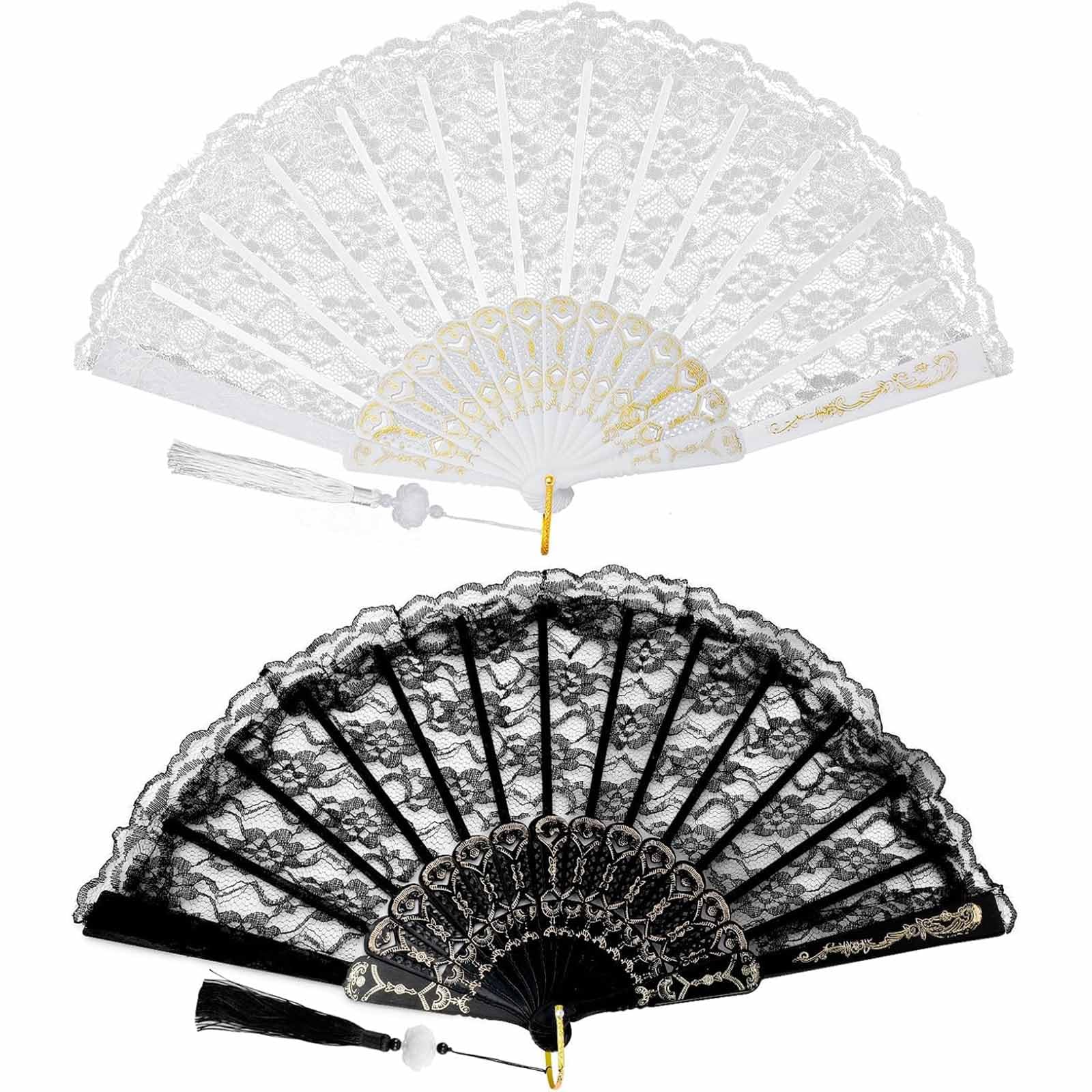 Tazweeq 2 Pcs Lace Folding Fan, Handheld Bamboo Hand Fan with White Lotus Jade Tassel for Women, Wedding, Party Favours, Costume Prom (Black, White)